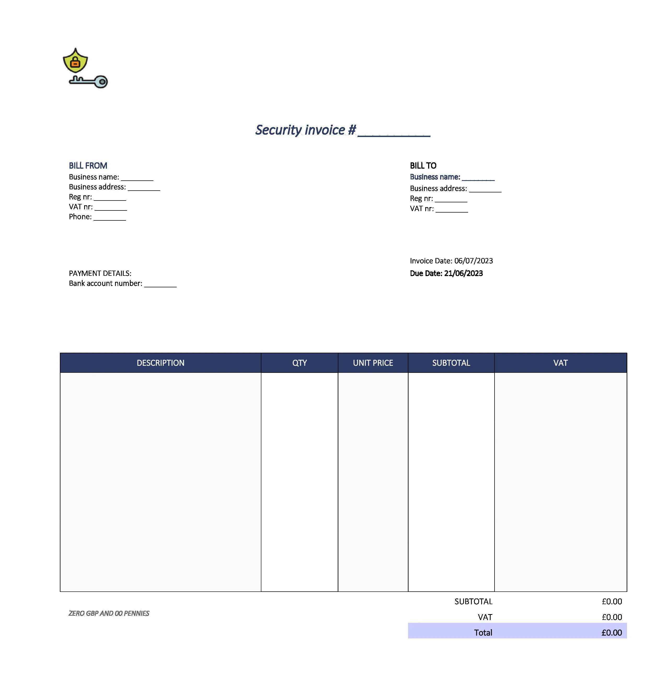 cute security invoice template UK Excel / Google sheets