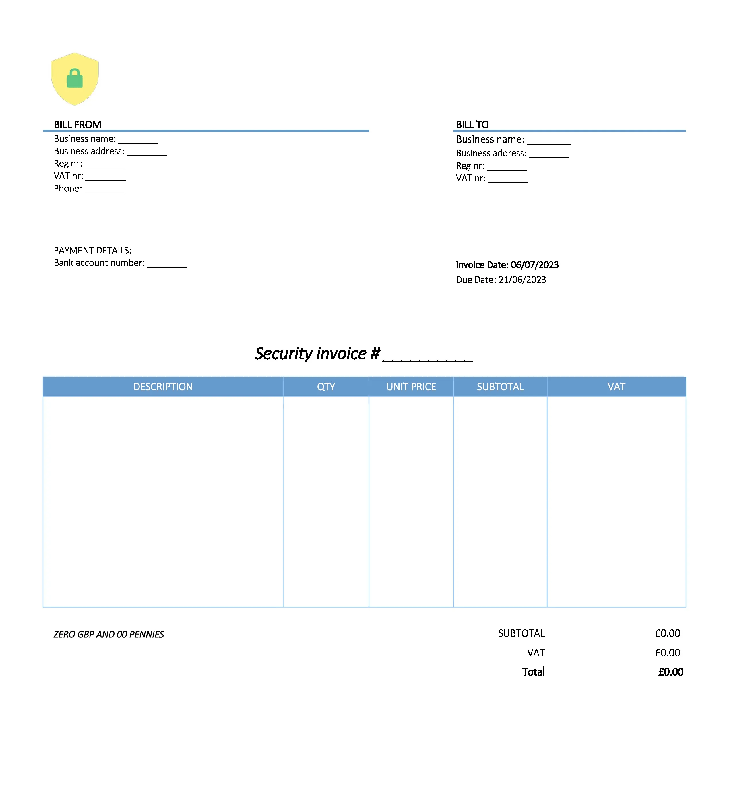 with bank details security invoice template UK Excel / Google sheets