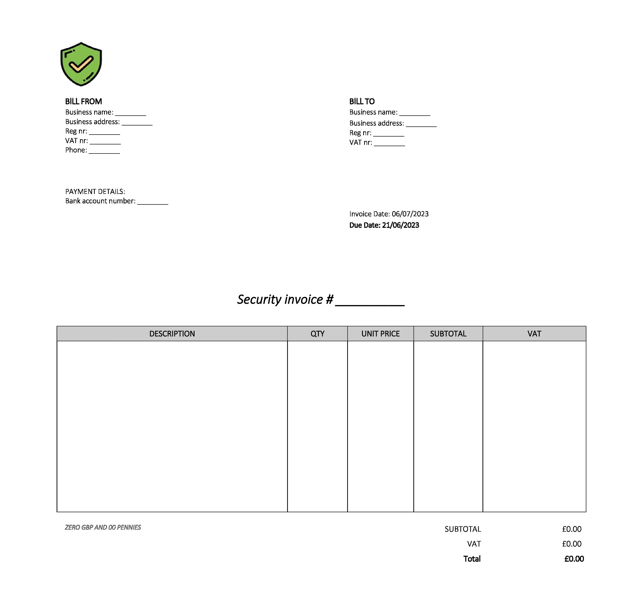 empty security invoice template UK Excel / Google sheets