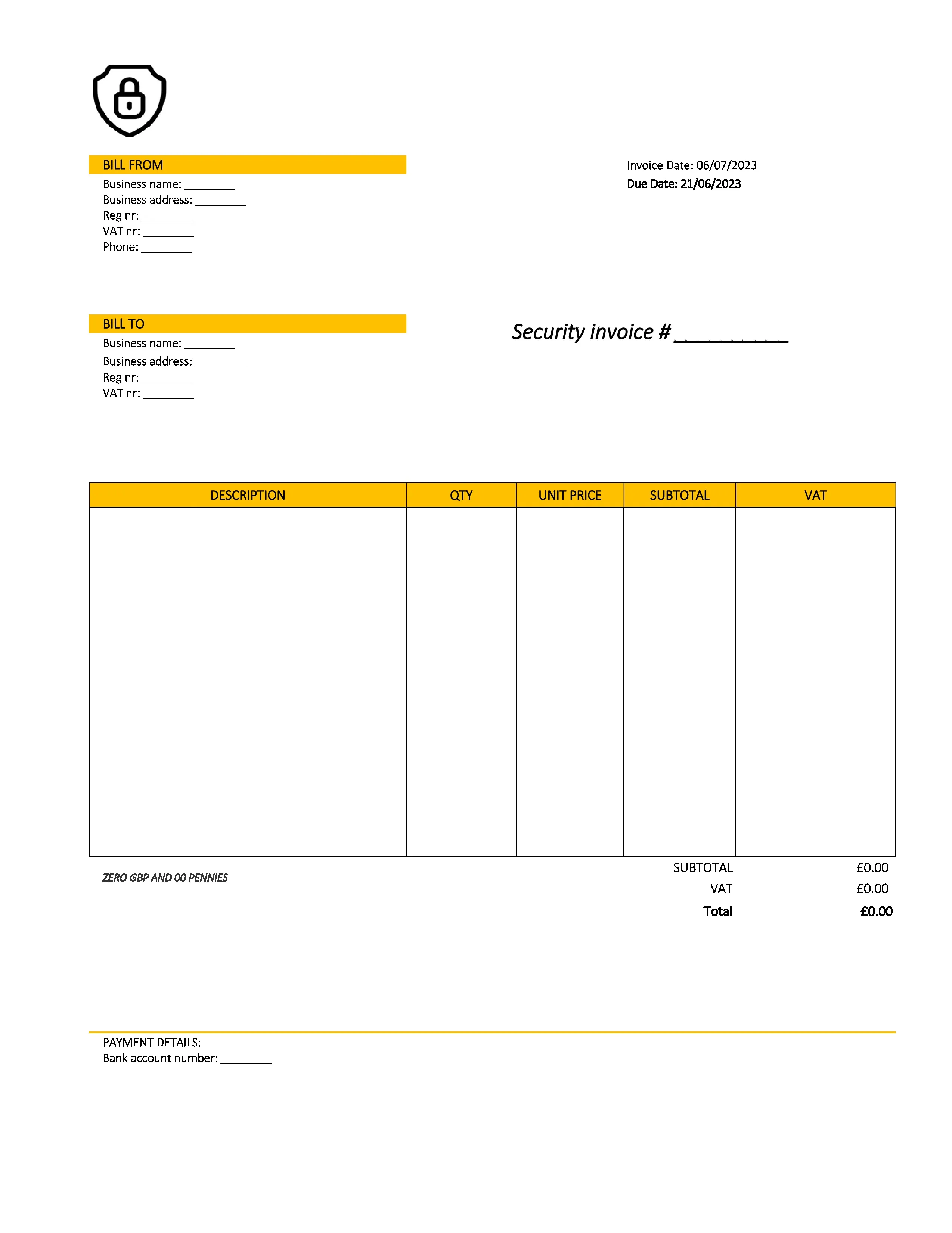 creative security invoice template UK Excel / Google sheets