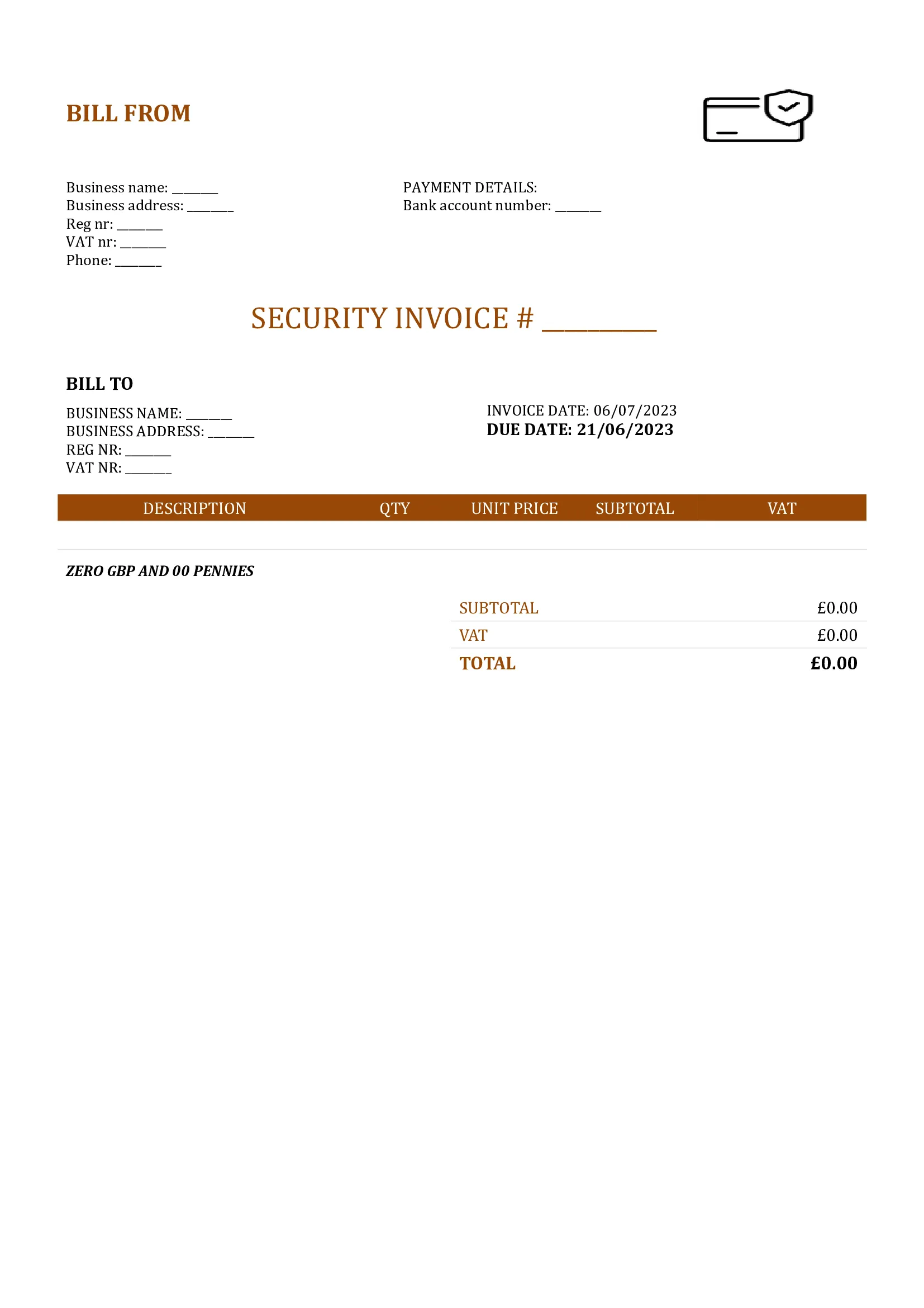 blank security invoice template UK Word / Google docs