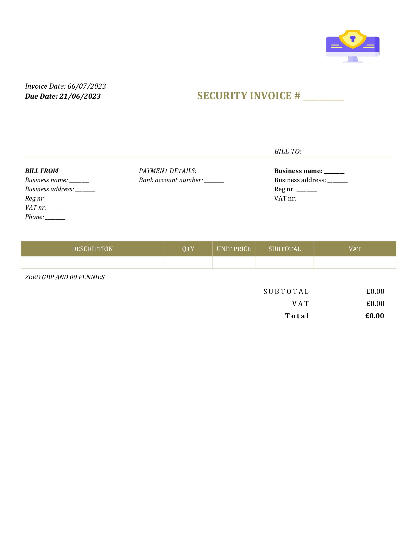 generic security invoice template UK Word / Google docs