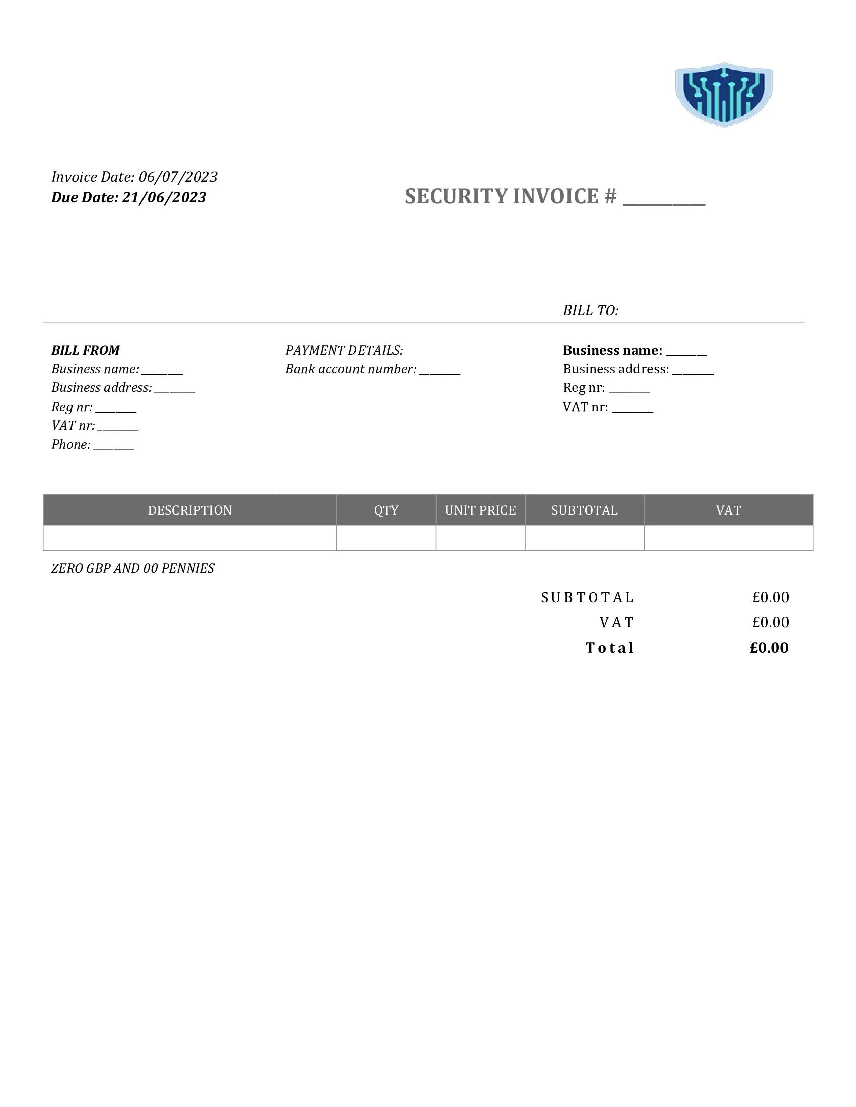 standart security invoice template UK Word / Google docs