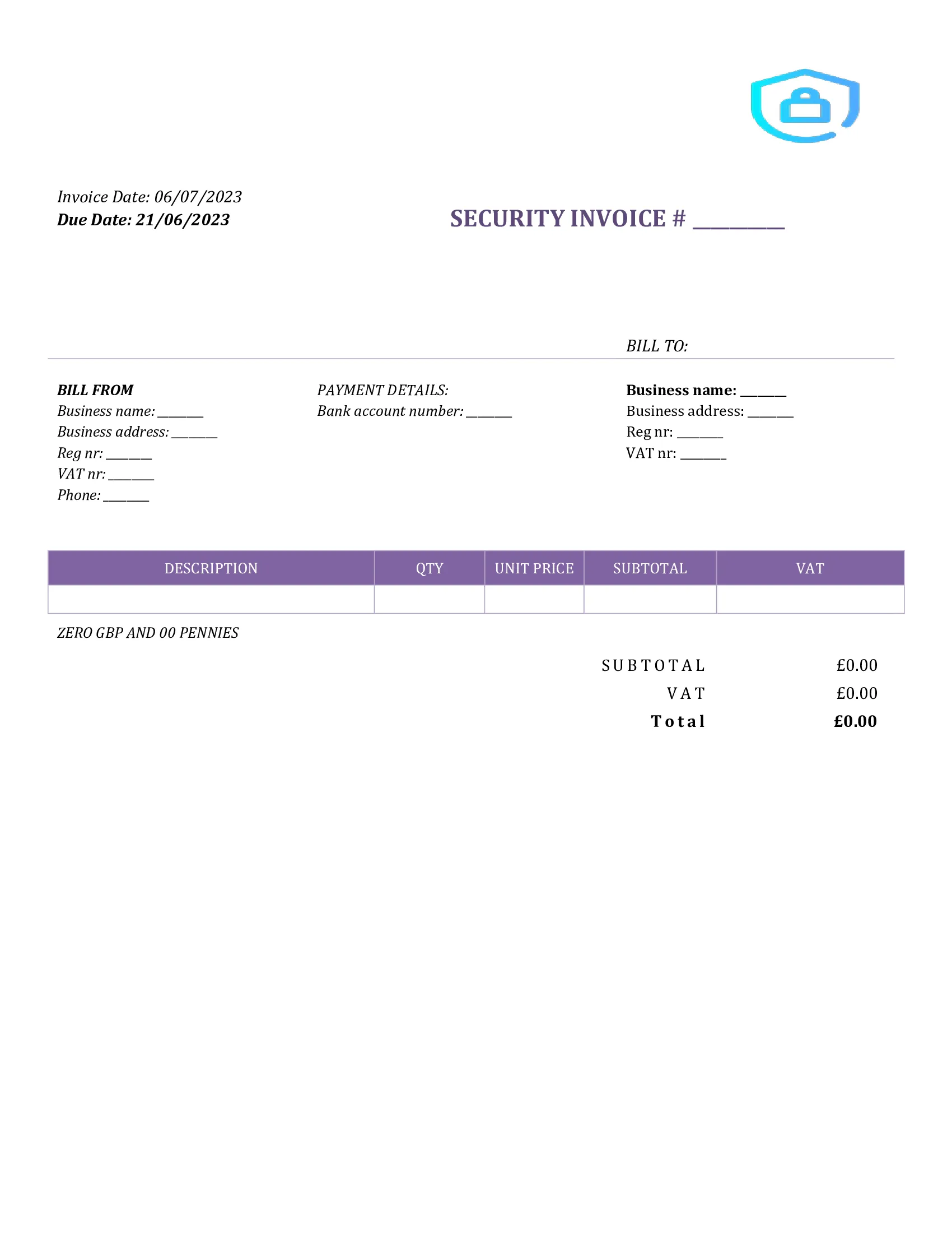 fillable security invoice template UK Word / Google docs