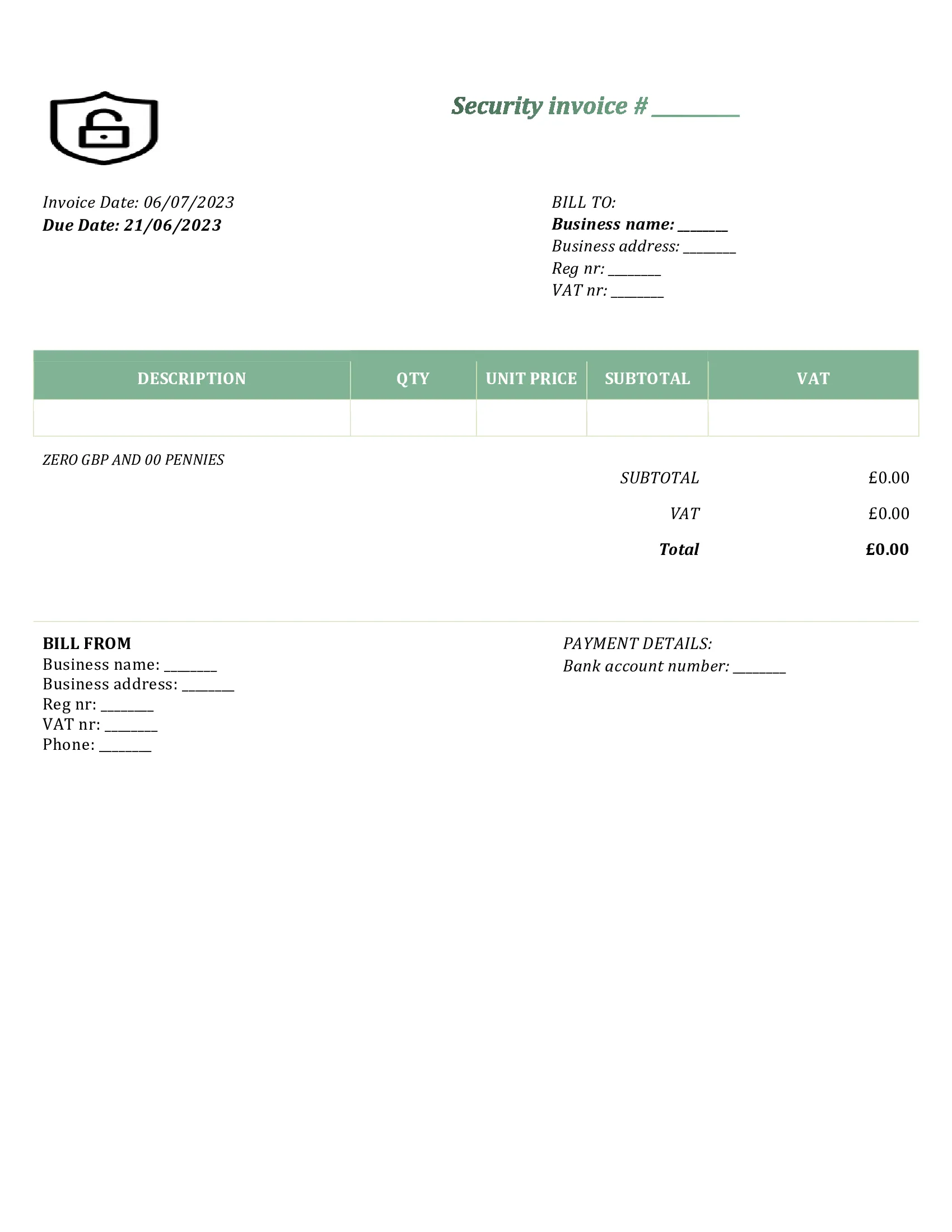 customizable security invoice template UK Word / Google docs