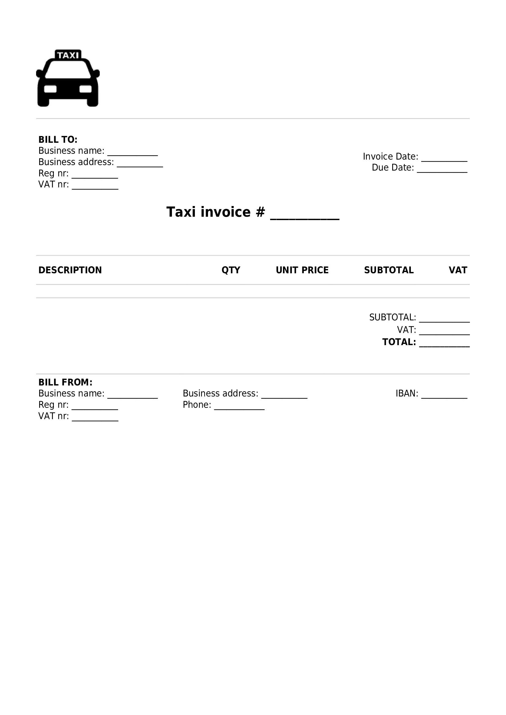 Personal Taxi Invoice Template UK Word / Google docs