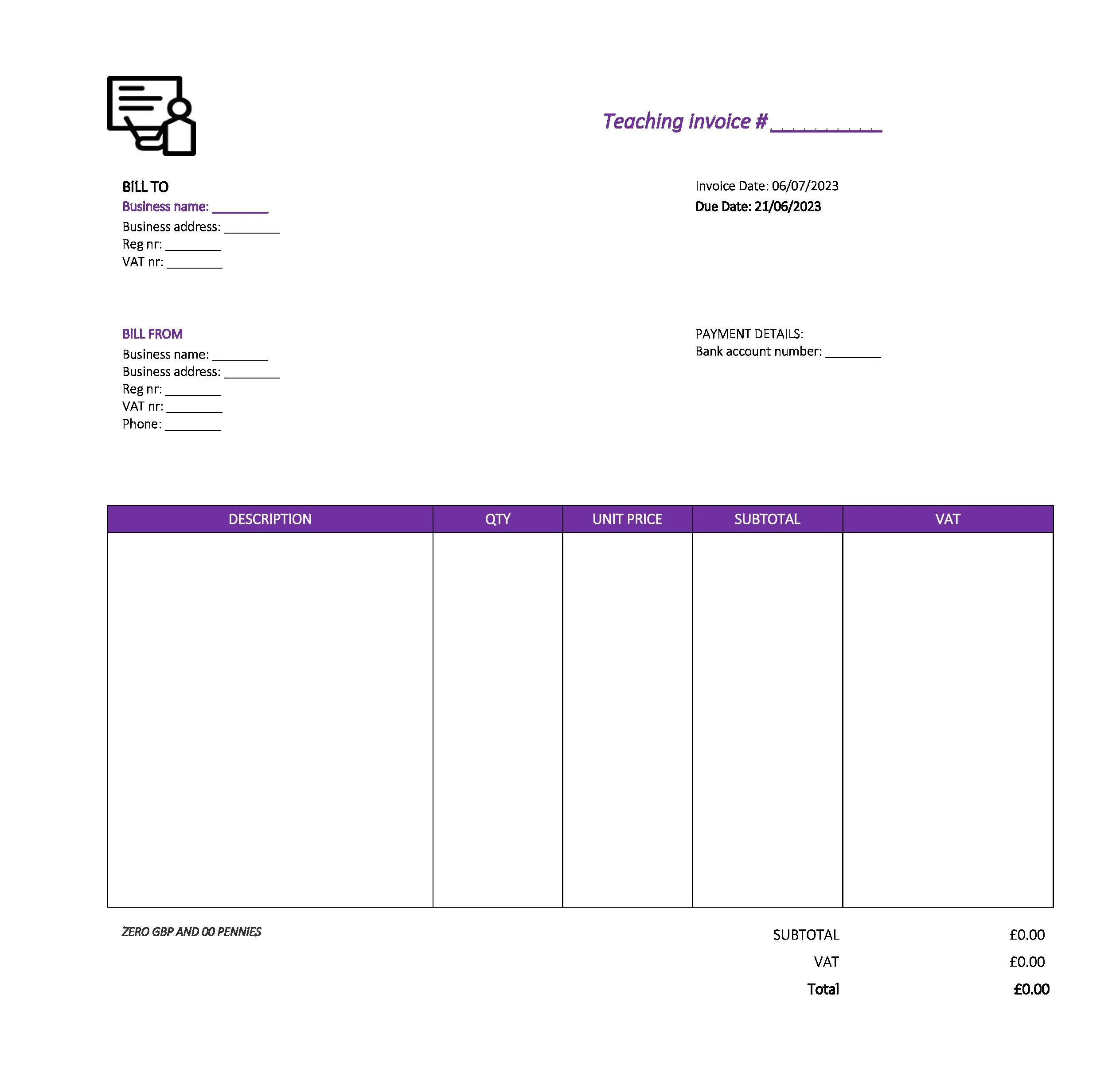 cool teaching invoice template UK Excel / Google sheets