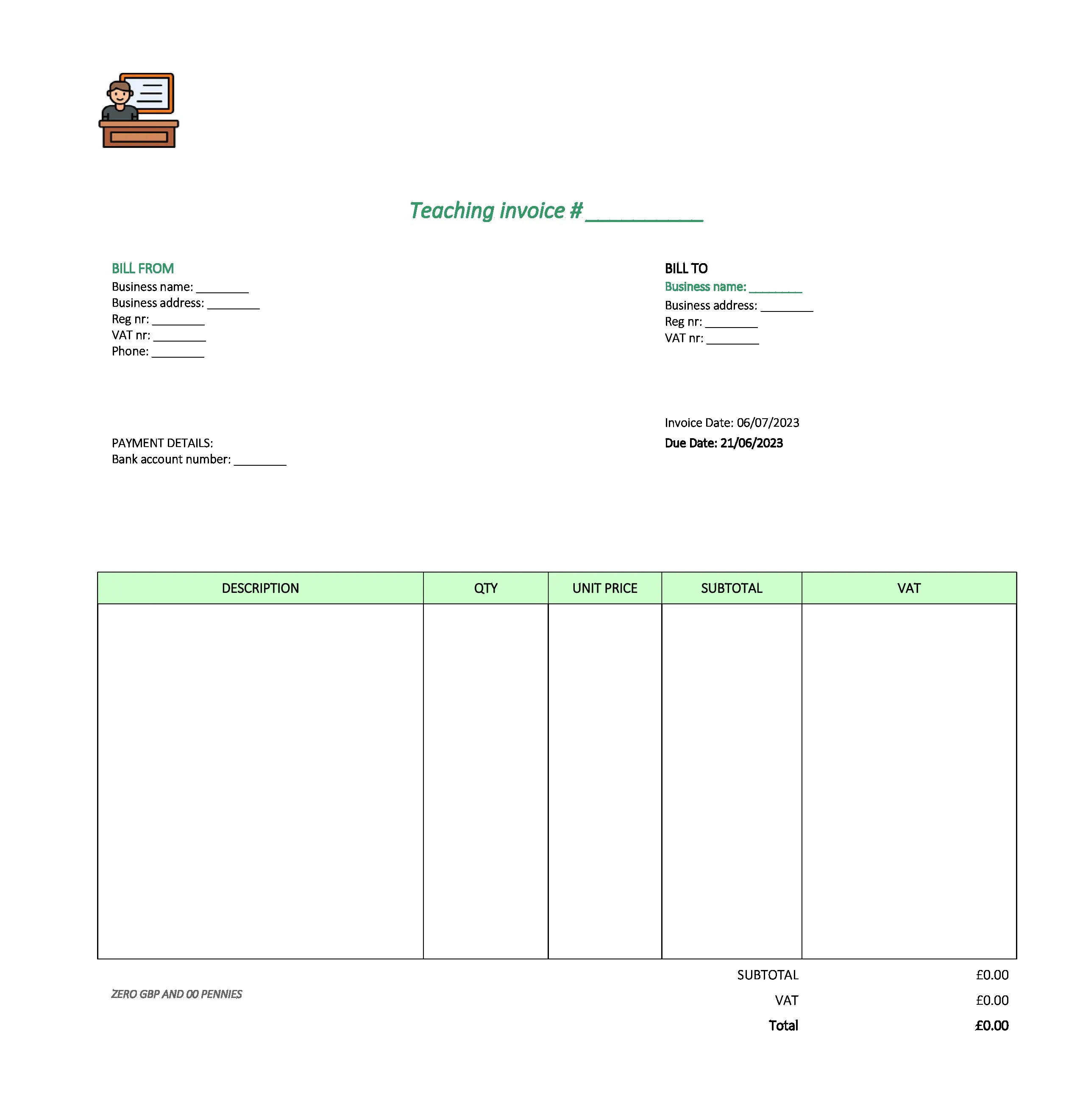 with logo teaching invoice template UK Excel / Google sheets