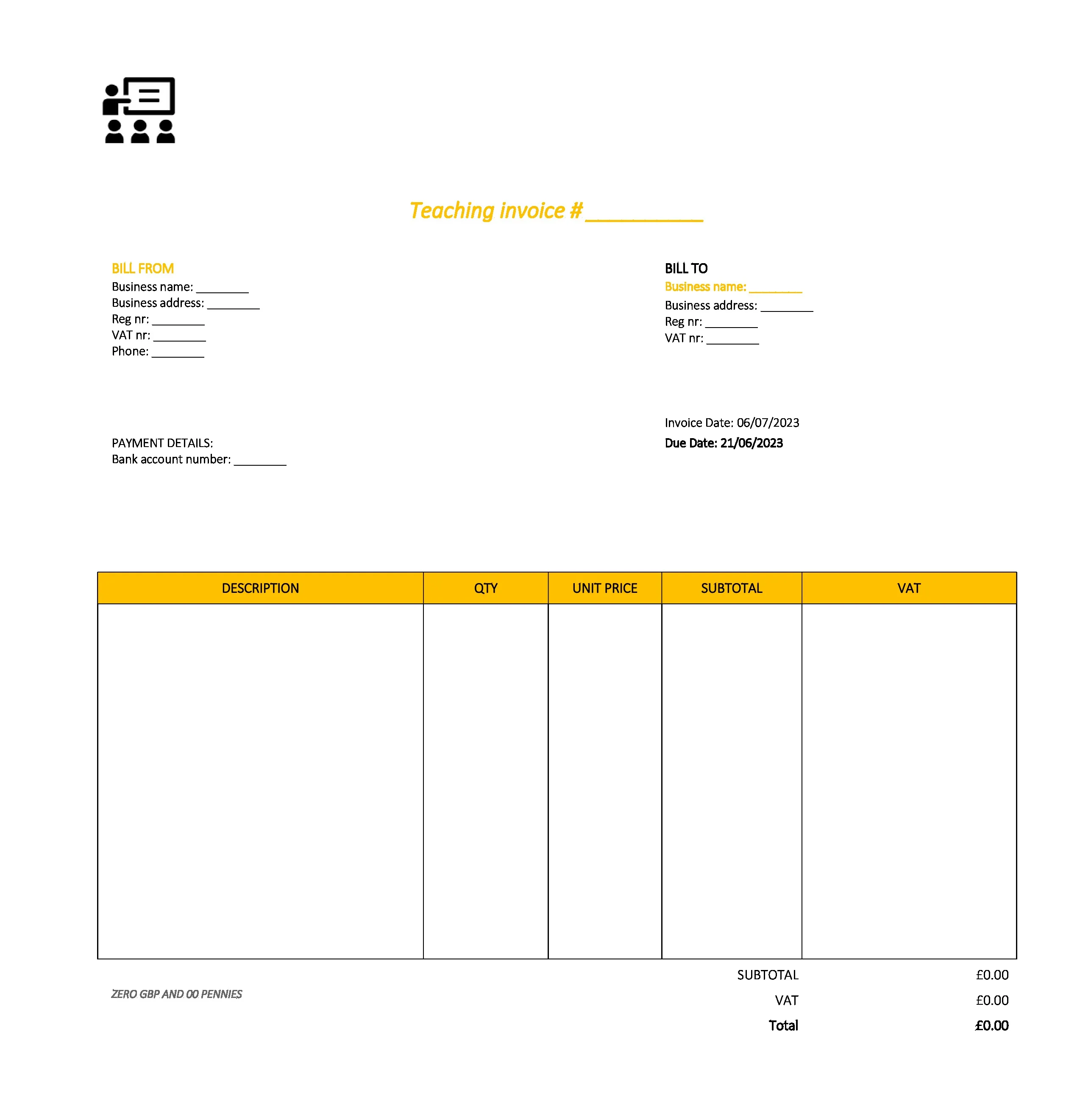 draft teaching invoice template UK Excel / Google sheets