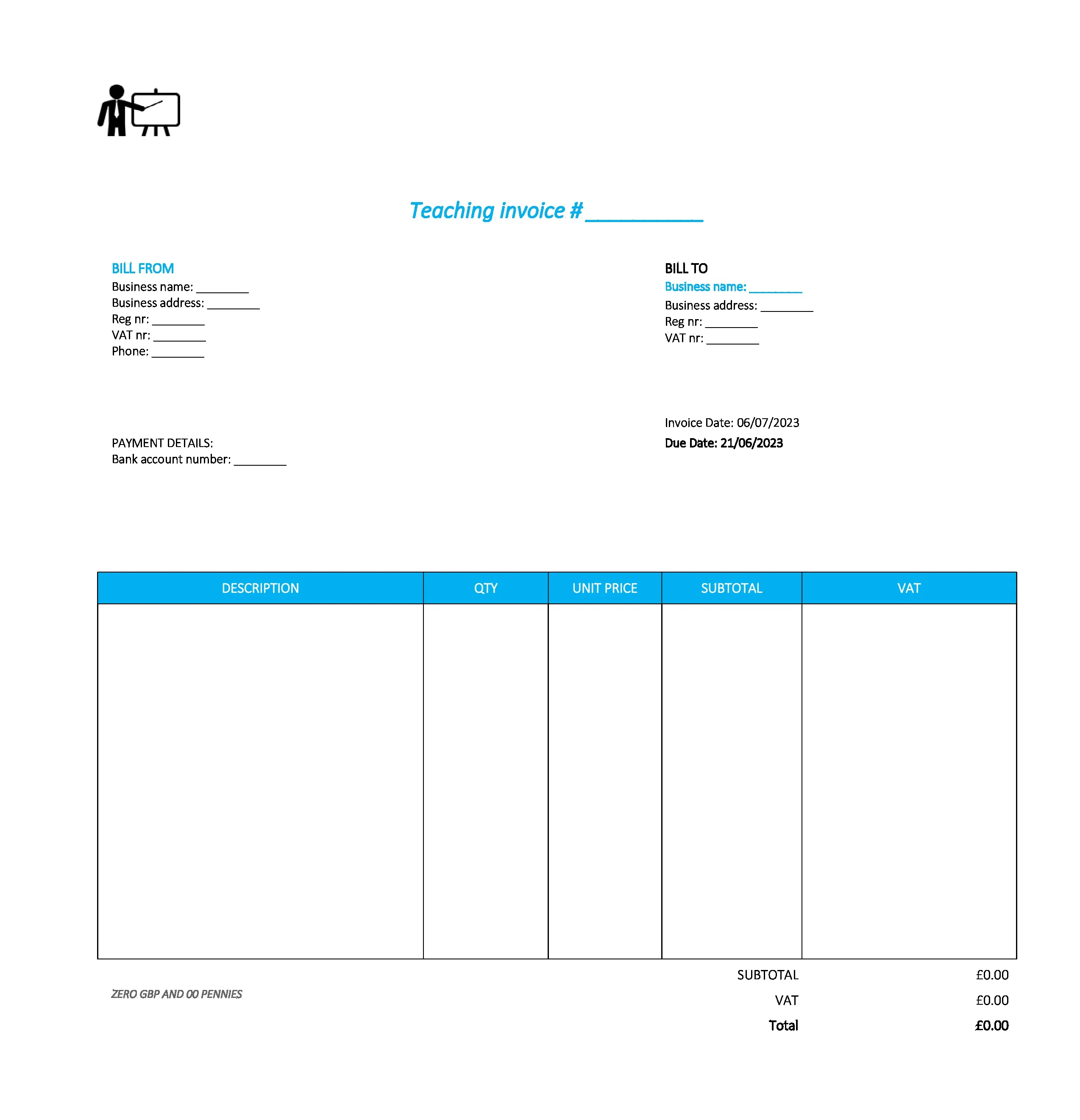 good teaching invoice template UK Excel / Google sheets