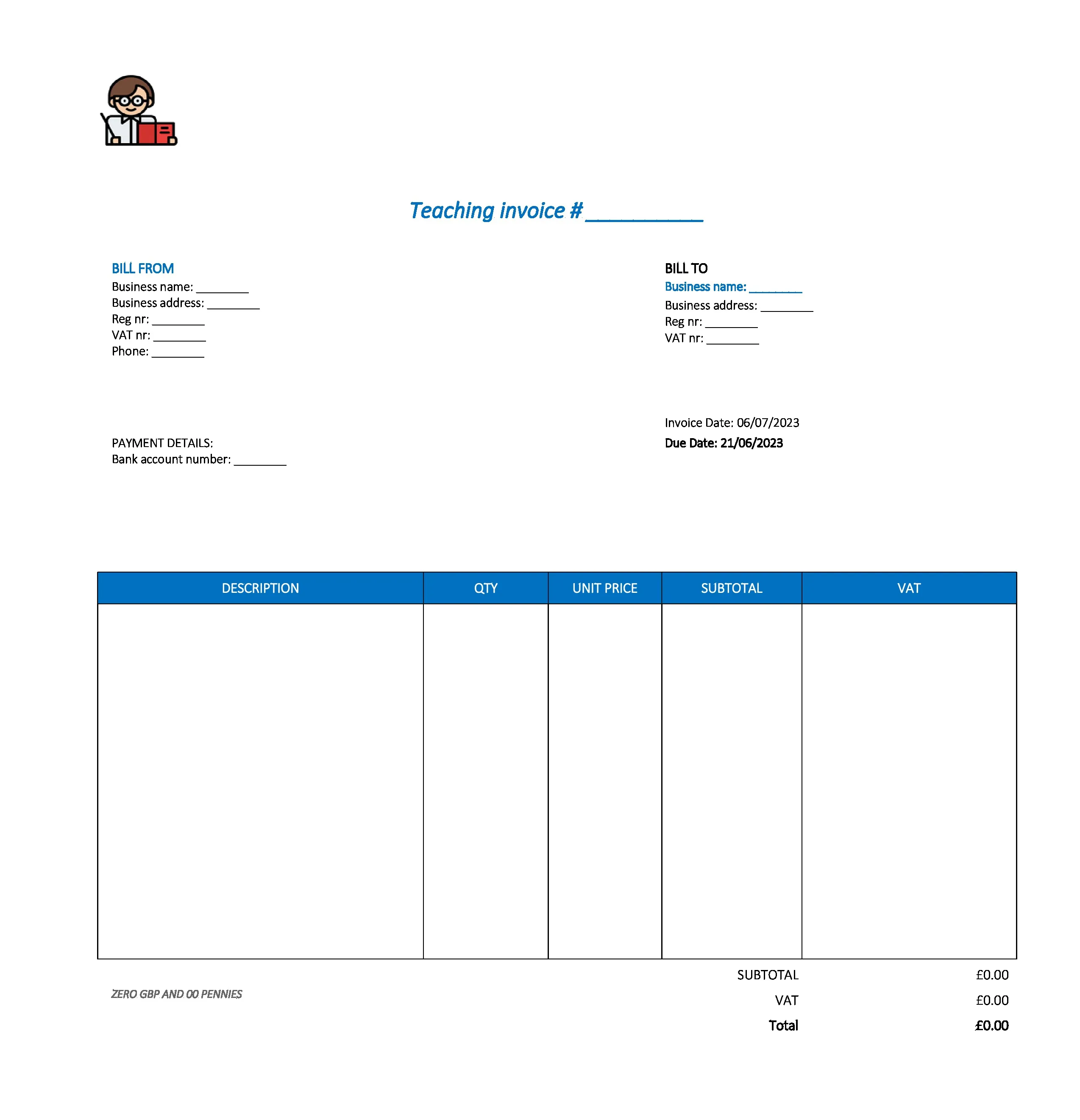 typical teaching invoice template UK Excel / Google sheets