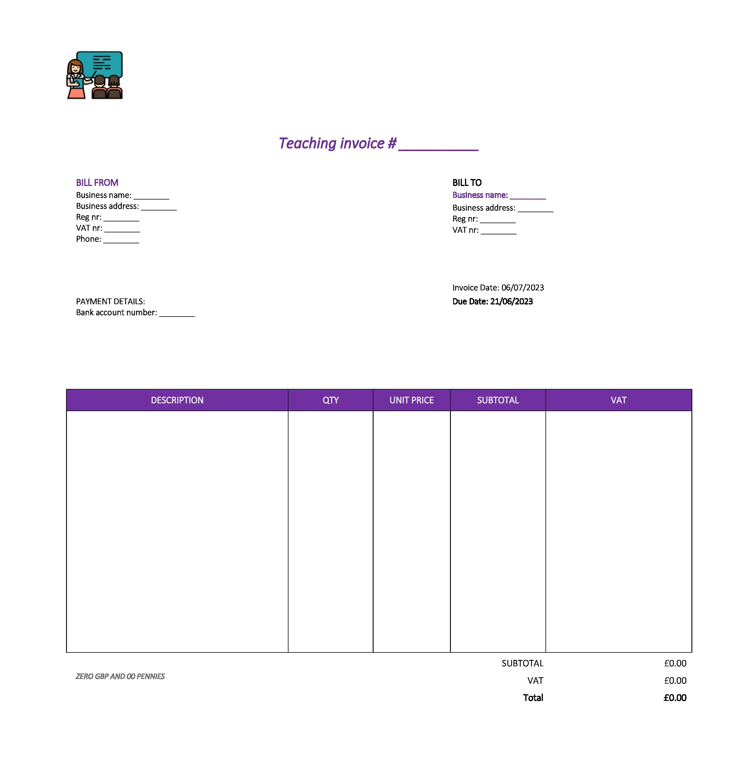 pretty teaching invoice template UK Excel / Google sheets