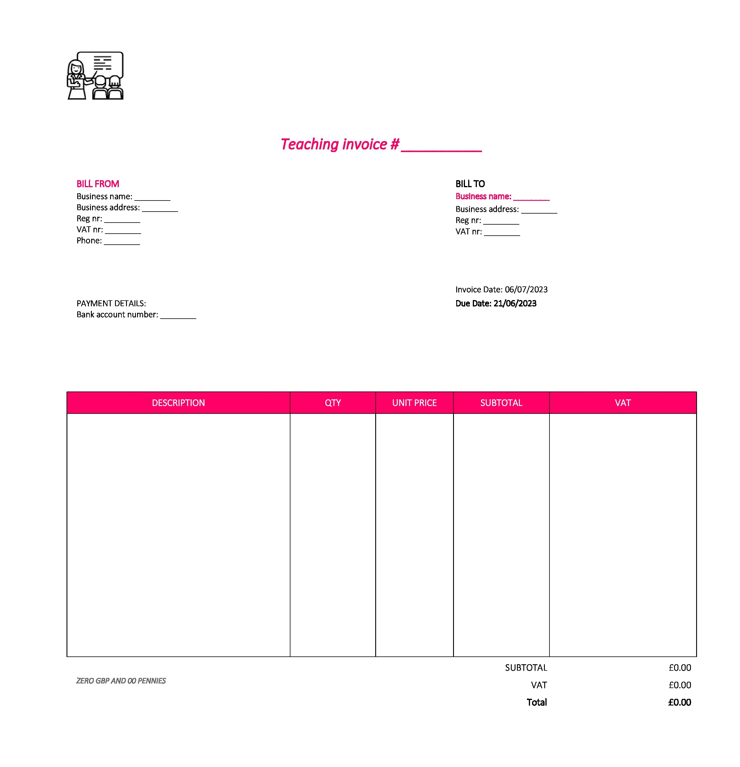 nice teaching invoice template UK Excel / Google sheets