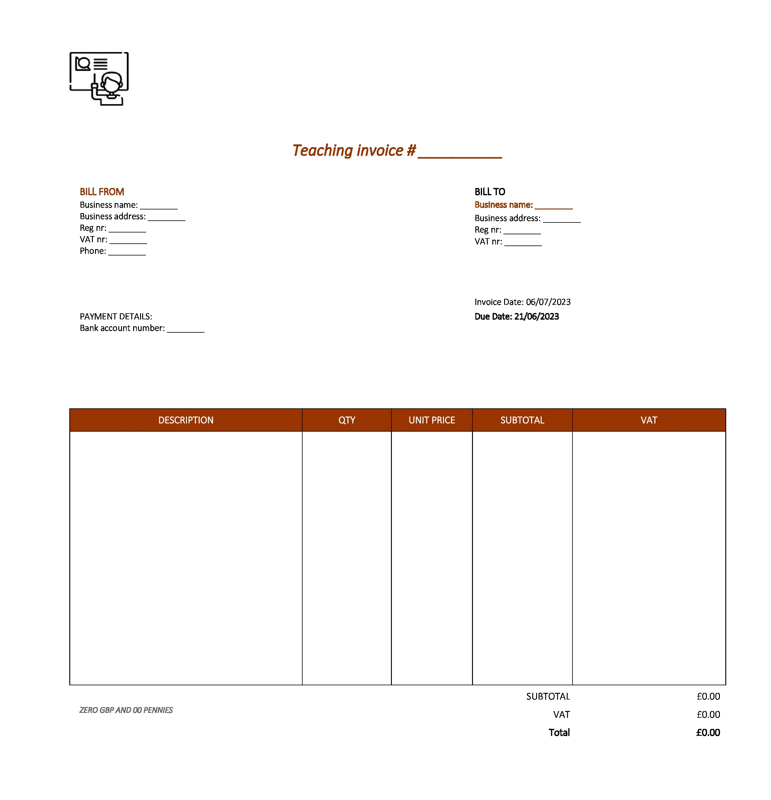 elegant teaching invoice template UK Excel / Google sheets