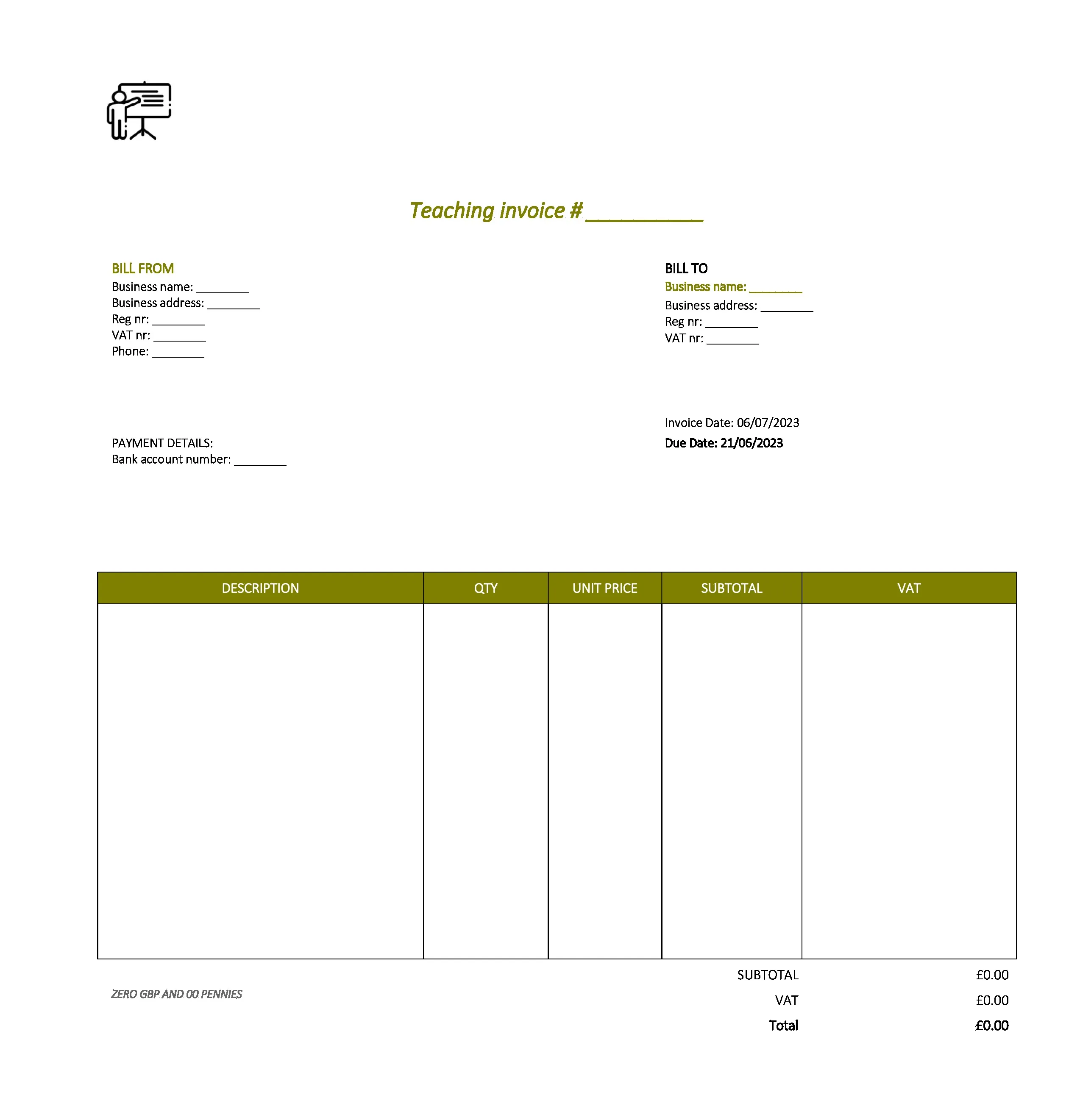 minimalist teaching invoice template UK Excel / Google sheets