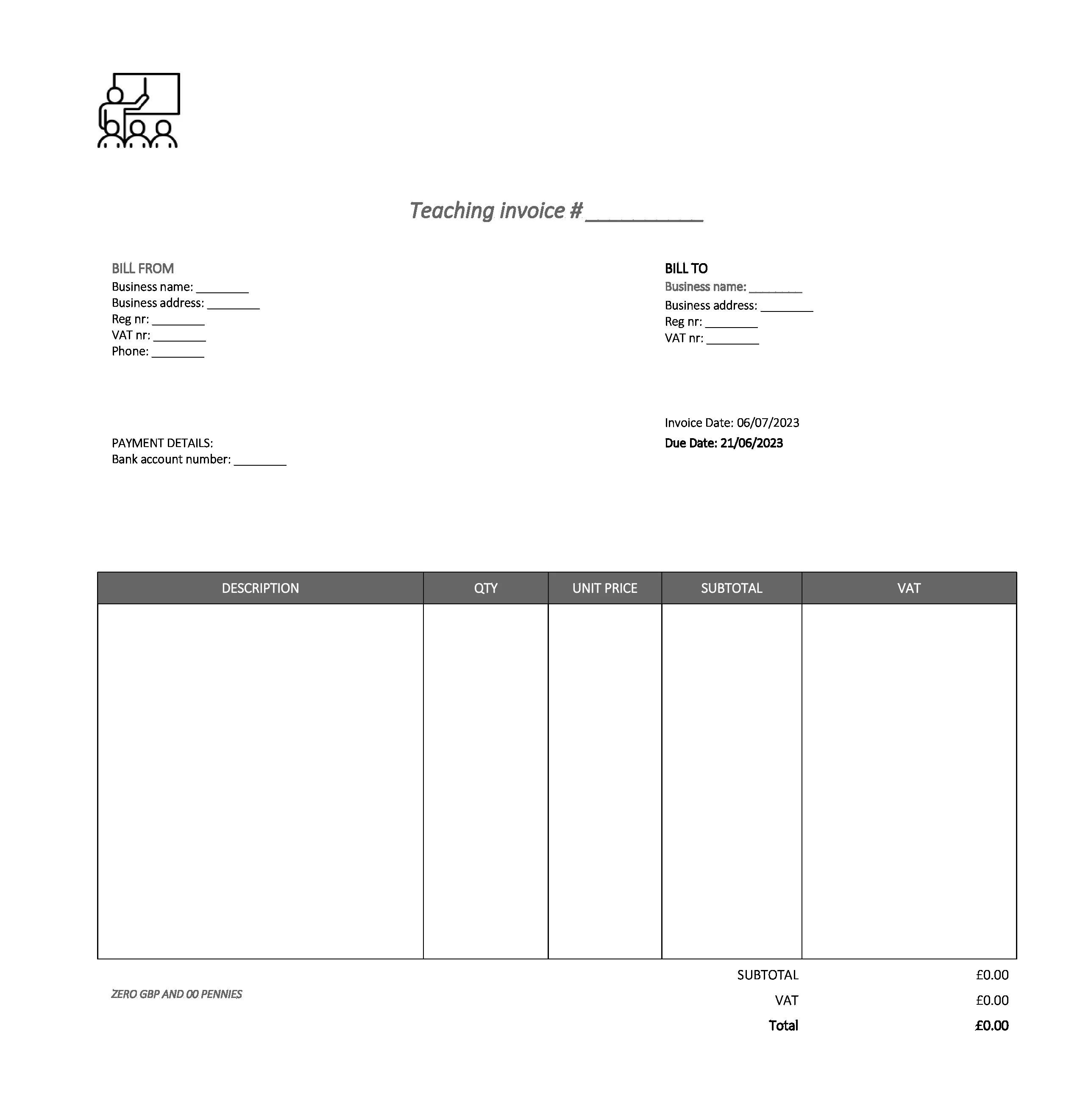 fancy teaching invoice template UK Excel / Google sheets