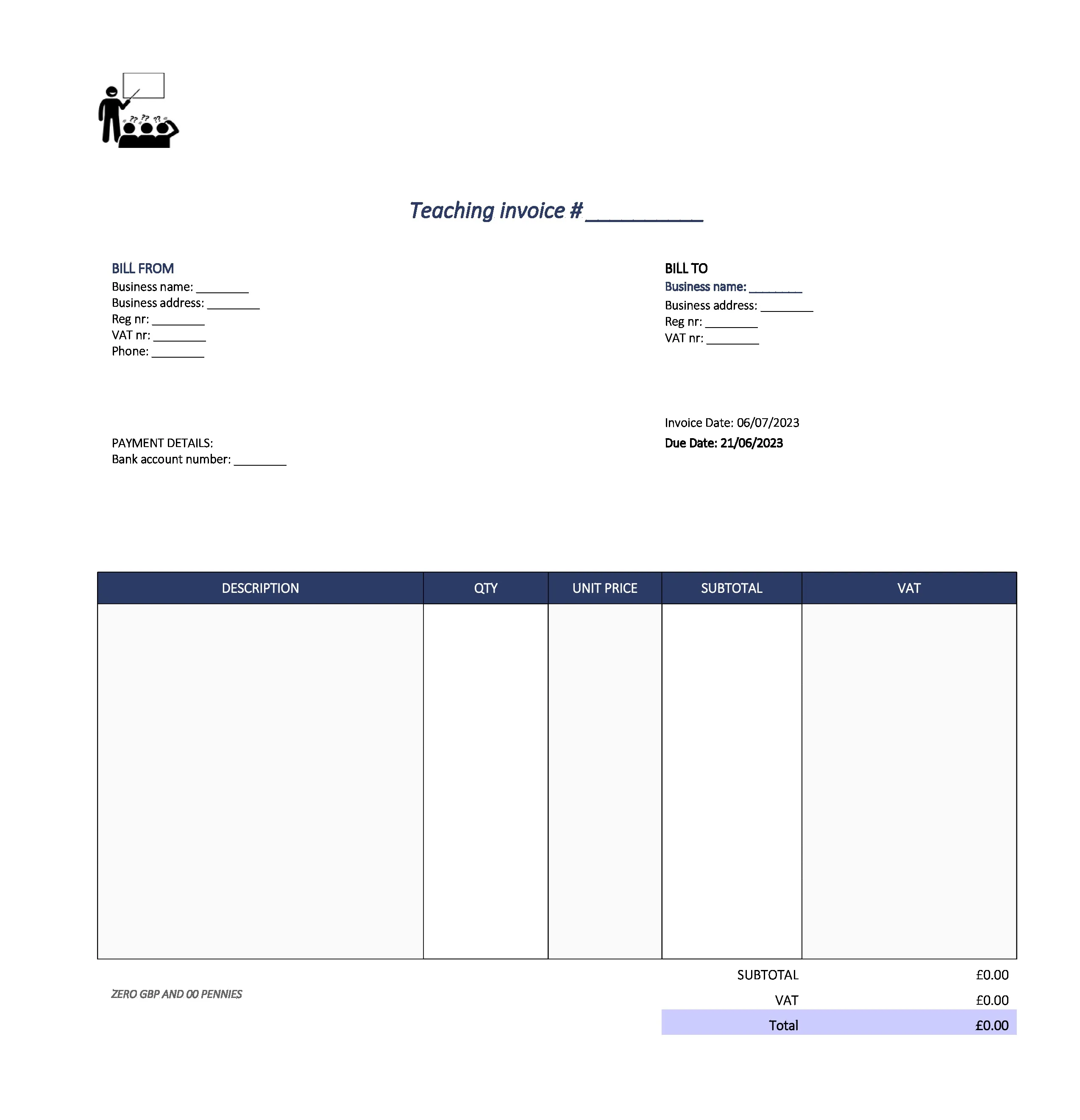 cute teaching invoice template UK Excel / Google sheets