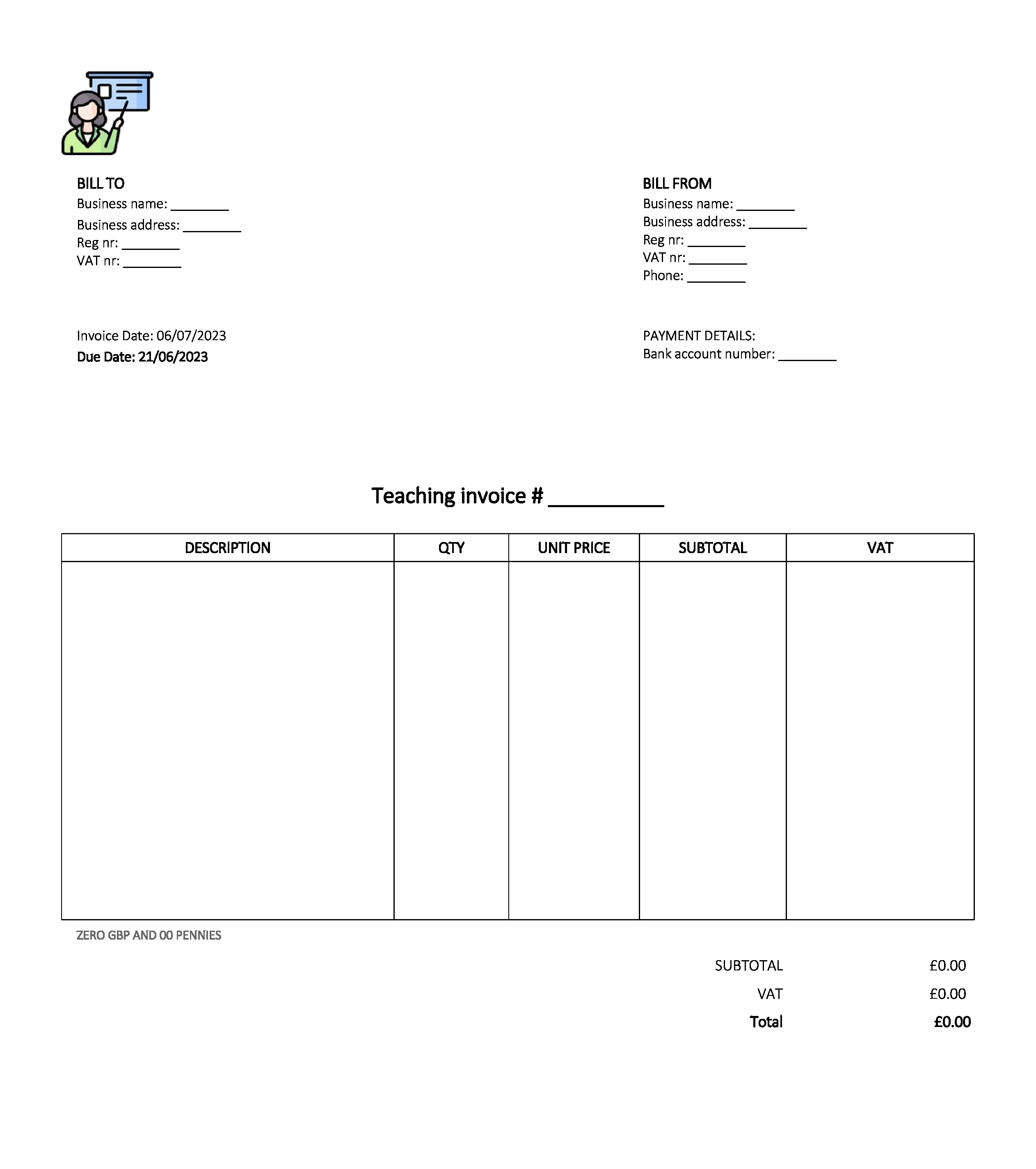 email deliverable teaching invoice template UK Excel / Google sheets