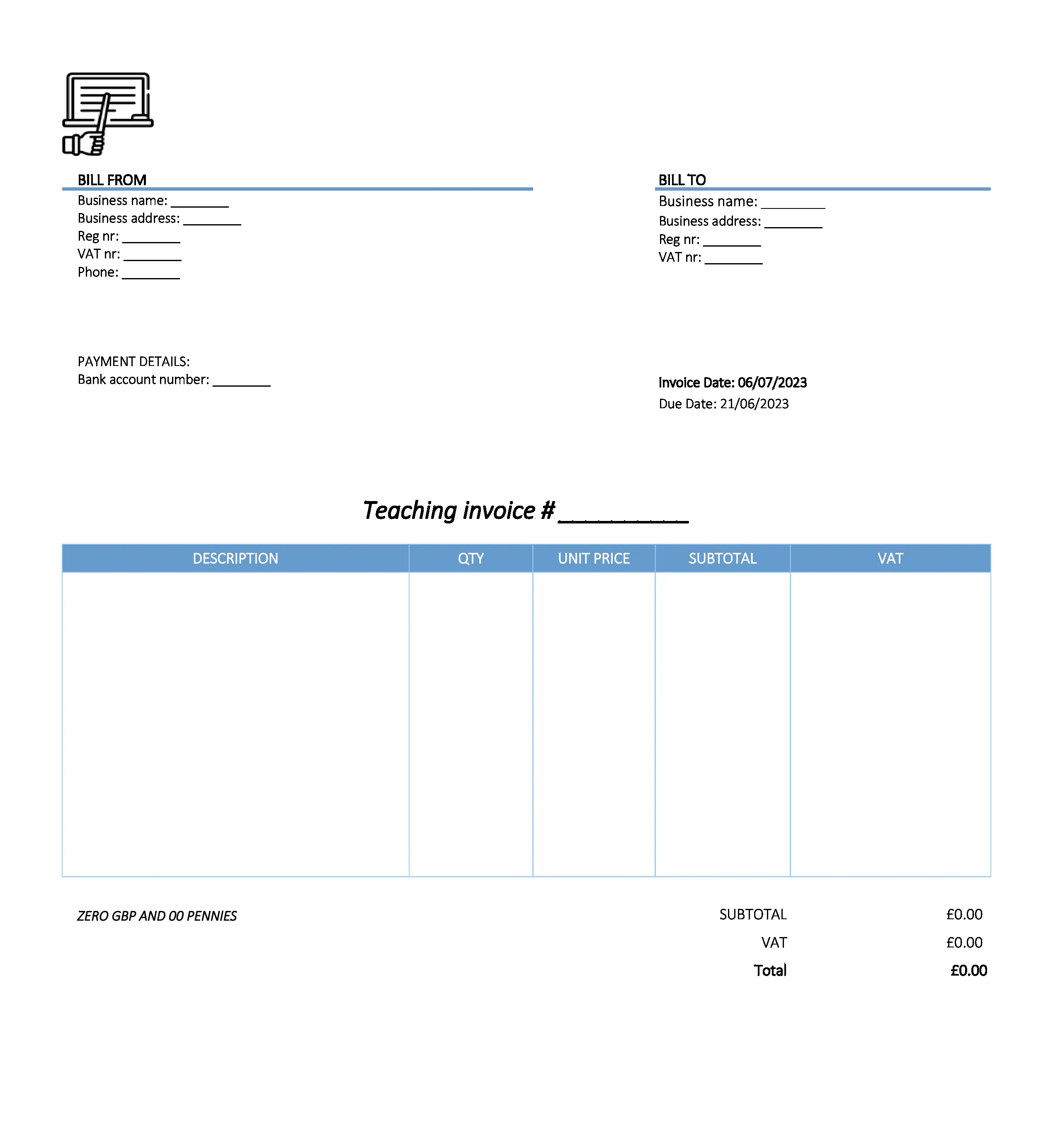 with bank details teaching invoice template UK Excel / Google sheets