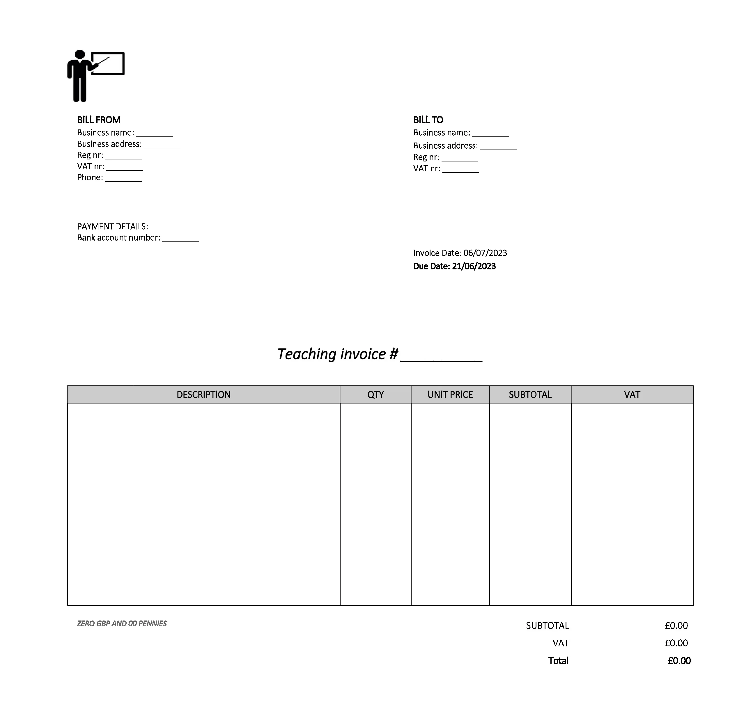 empty teaching invoice template UK Excel / Google sheets