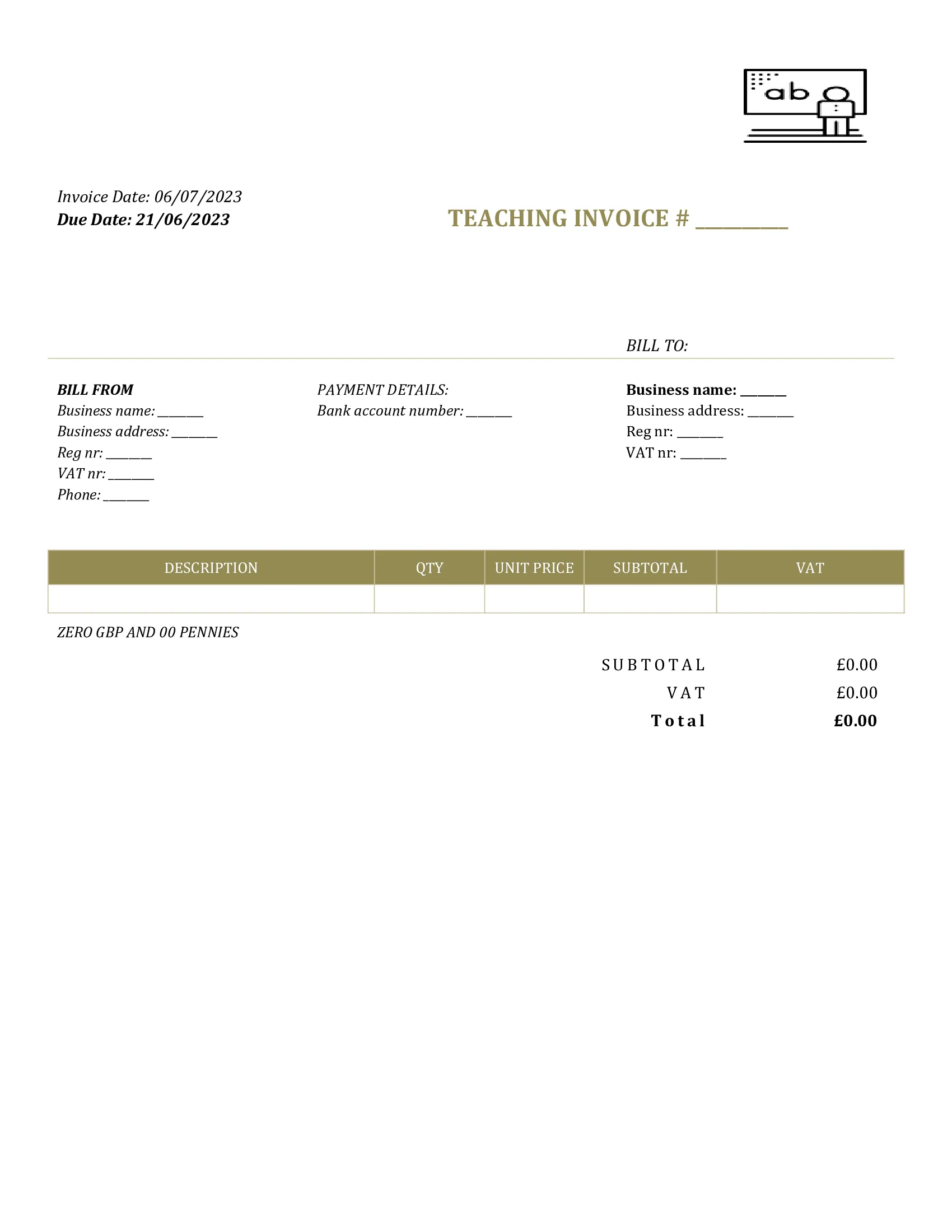 generic teaching invoice template UK Word / Google docs