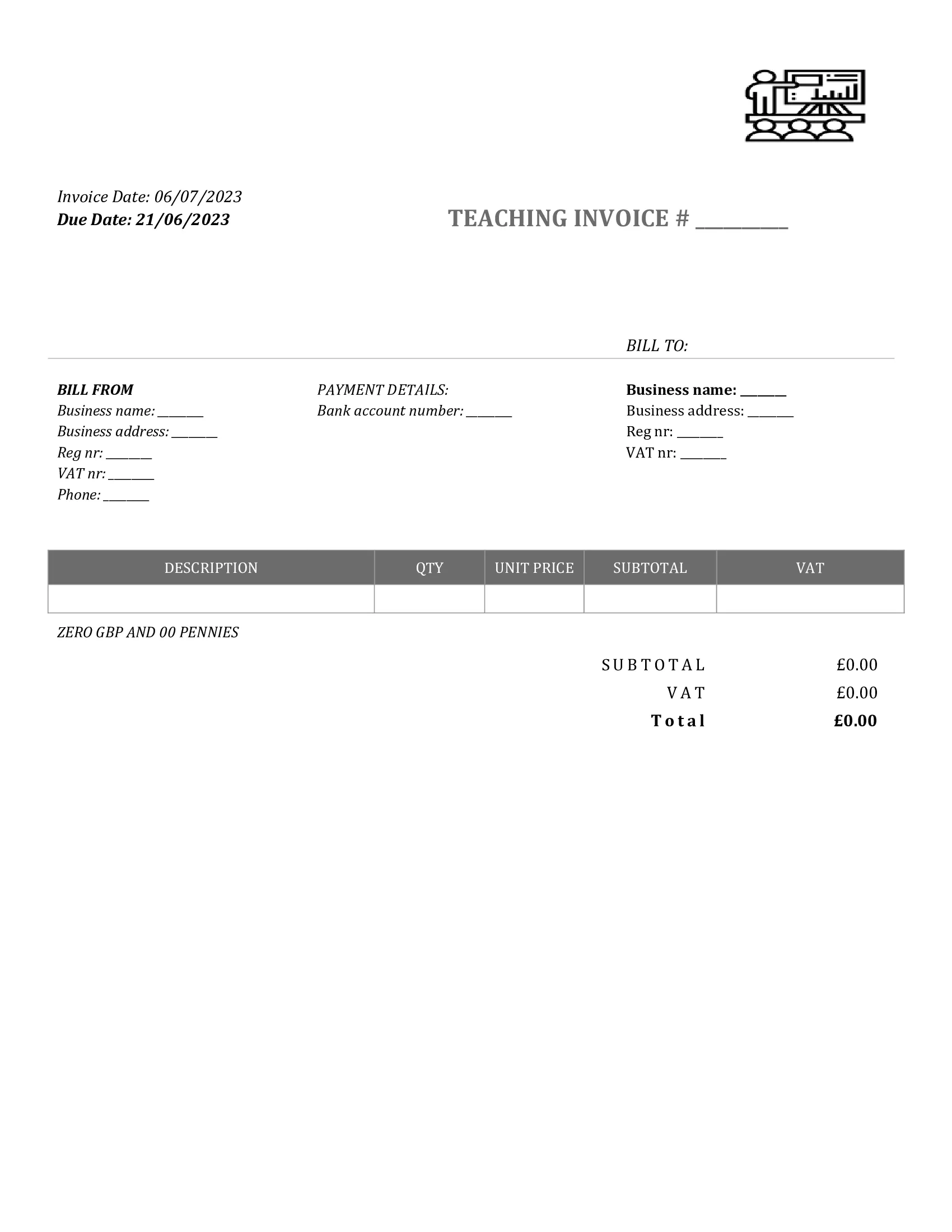 standart teaching invoice template UK Word / Google docs