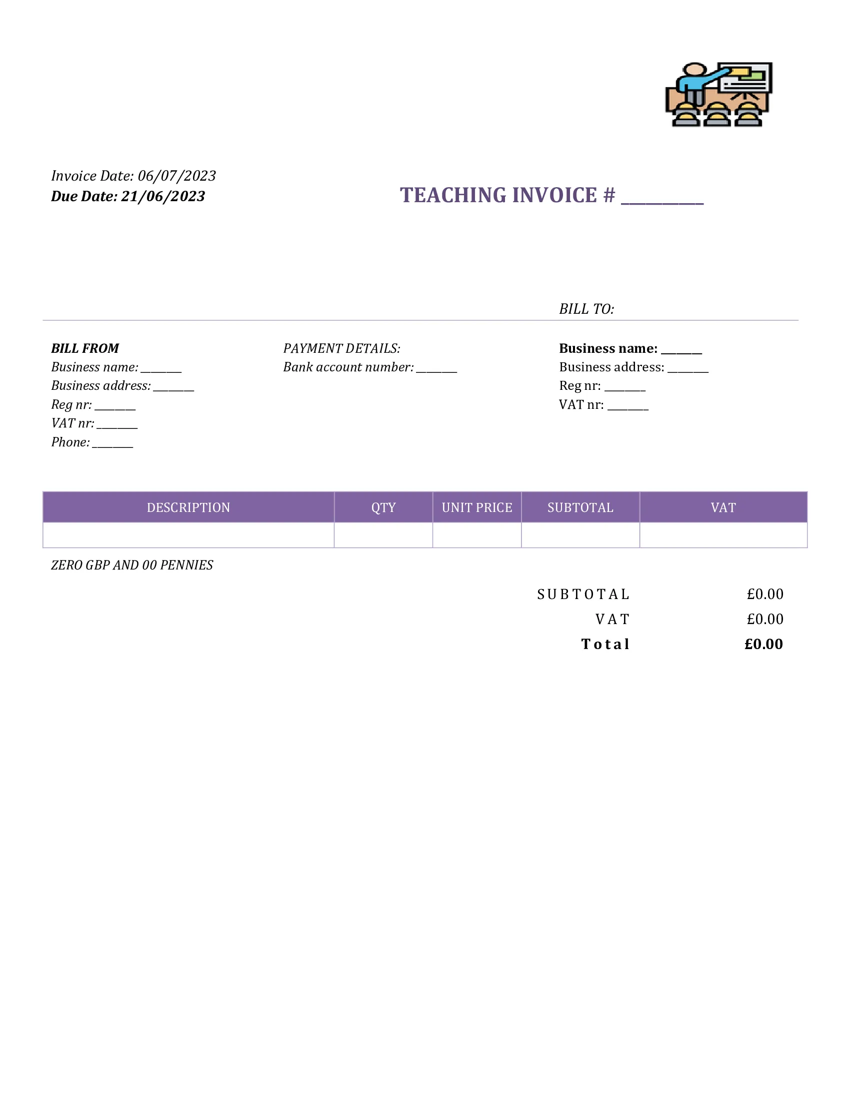 fillable teaching invoice template UK Word / Google docs