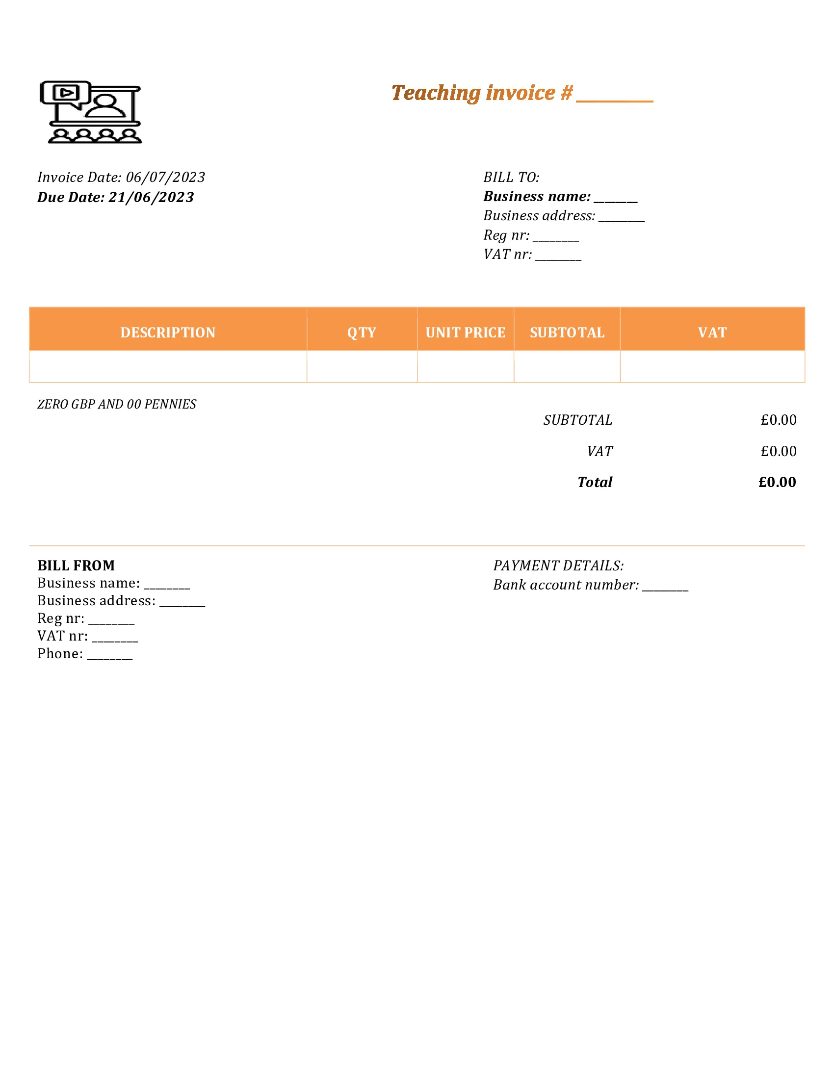 personal teaching invoice template UK Word / Google docs