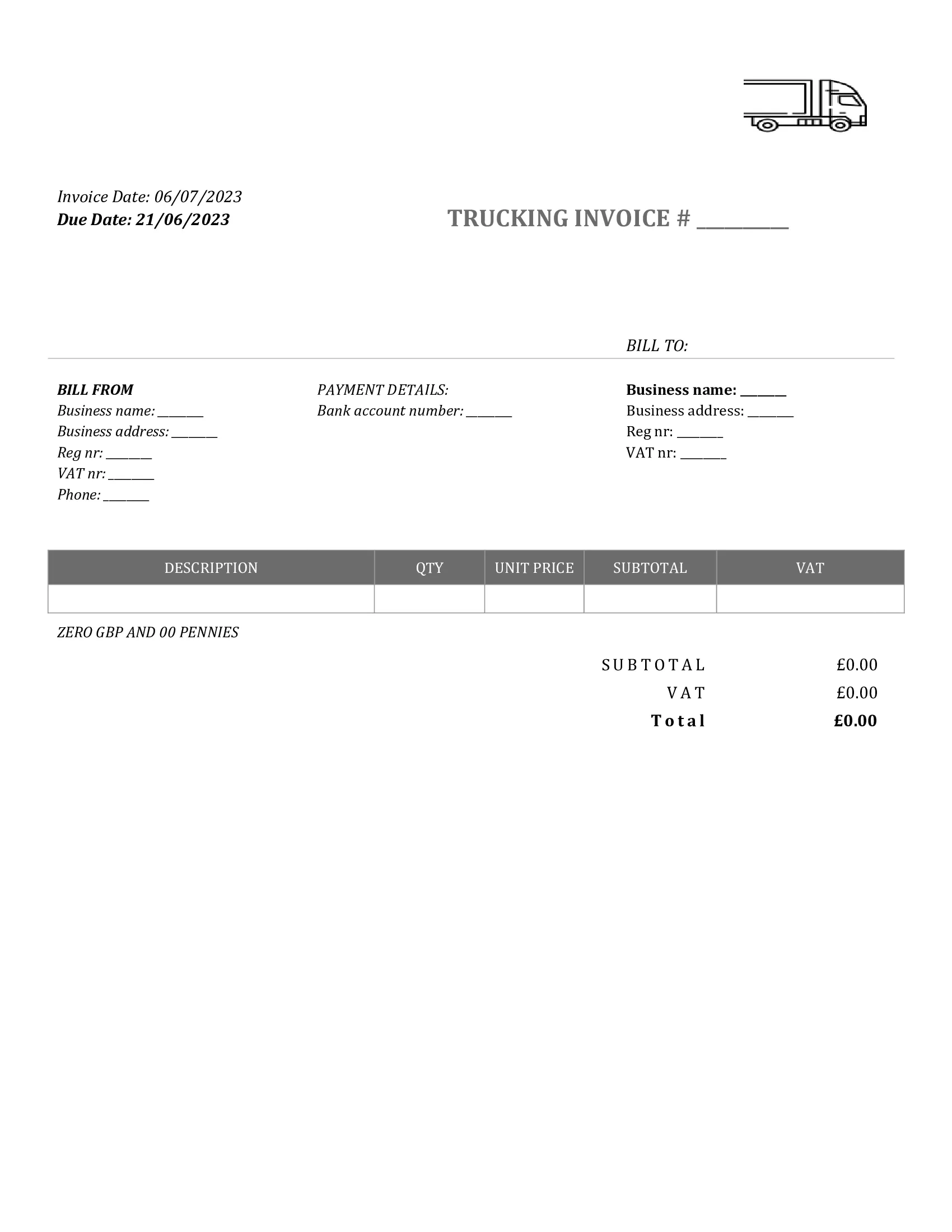 standart trucking invoice template UK Word / Google docs