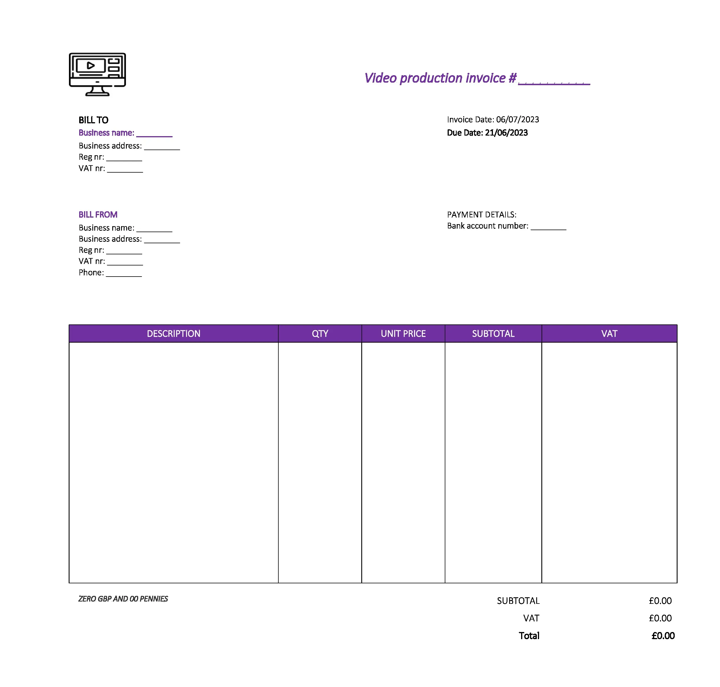 cool video production invoice template UK Excel / Google sheets