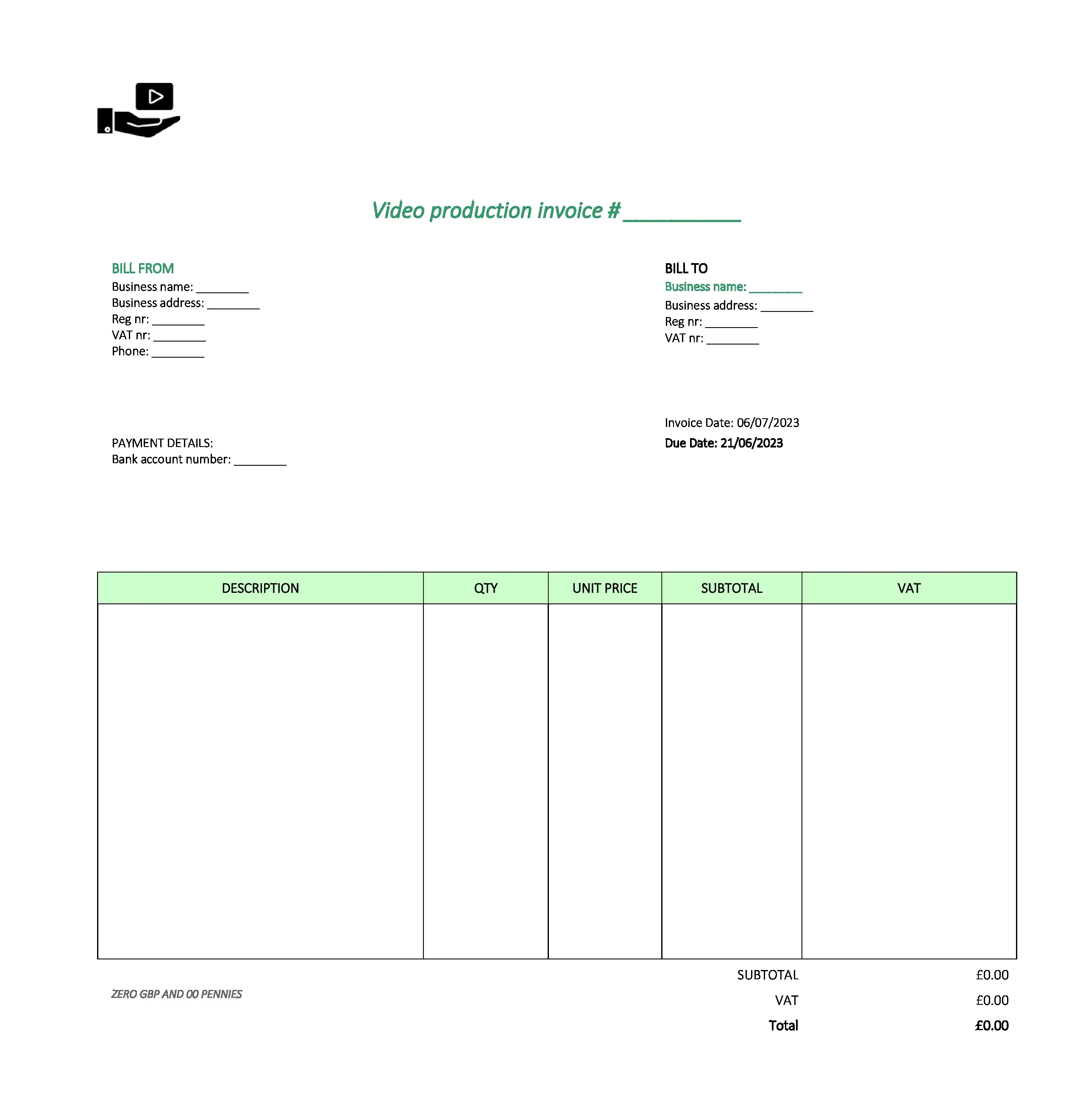 with logo video production invoice template UK Excel / Google sheets