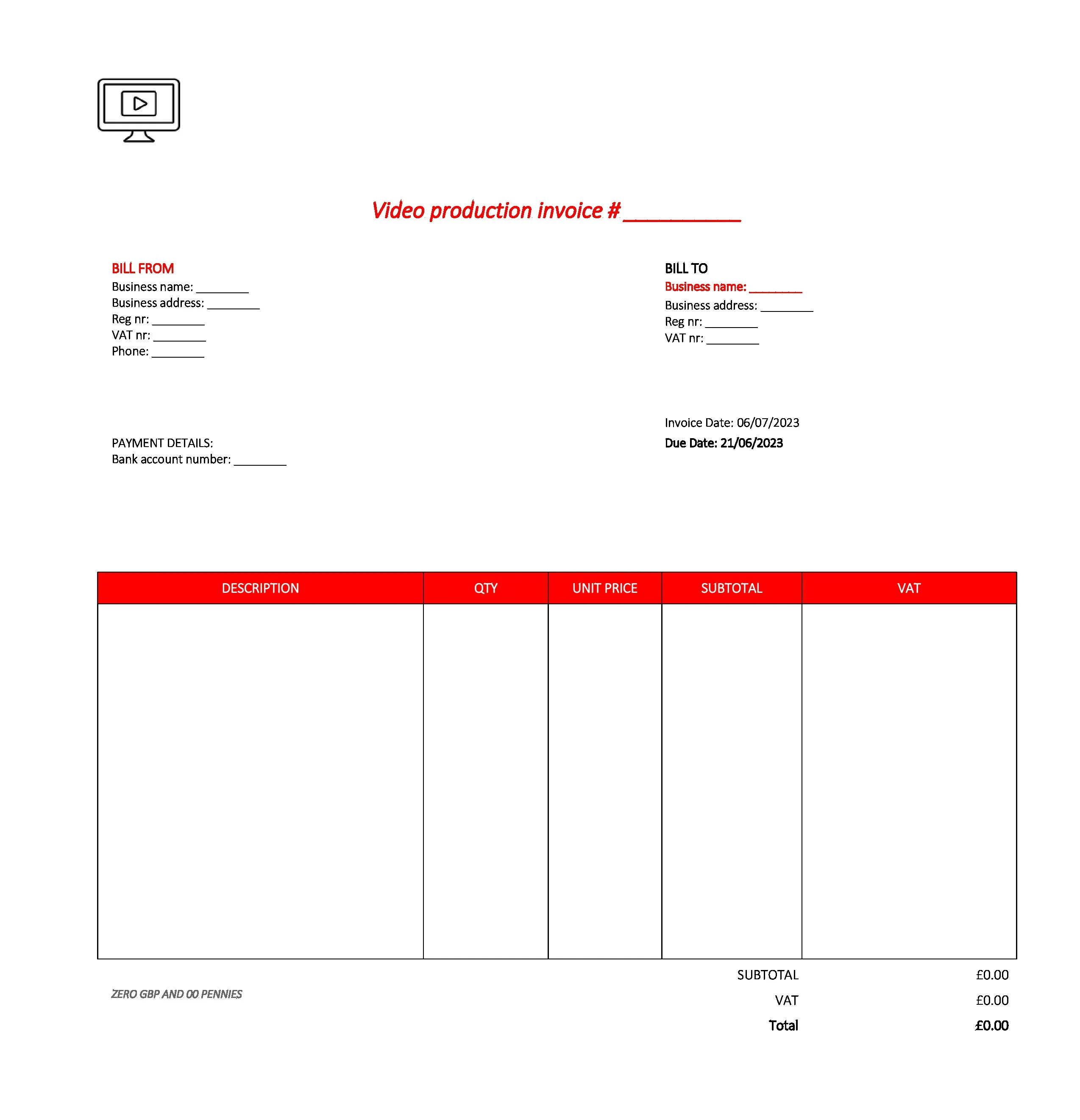 professional video production invoice template UK Excel / Google sheets