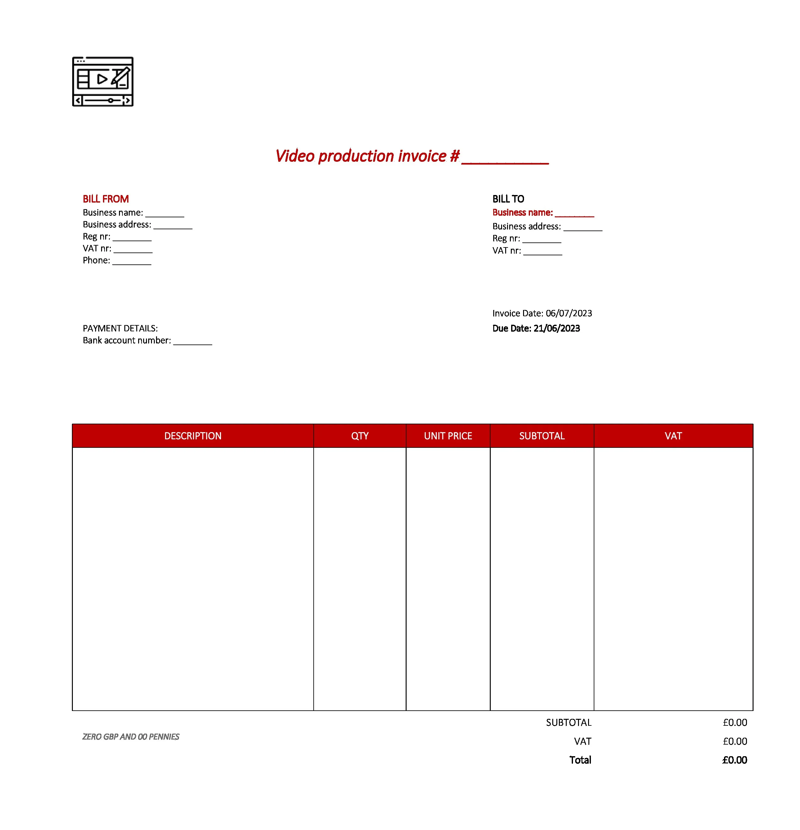 best video production invoice template UK Excel / Google sheets