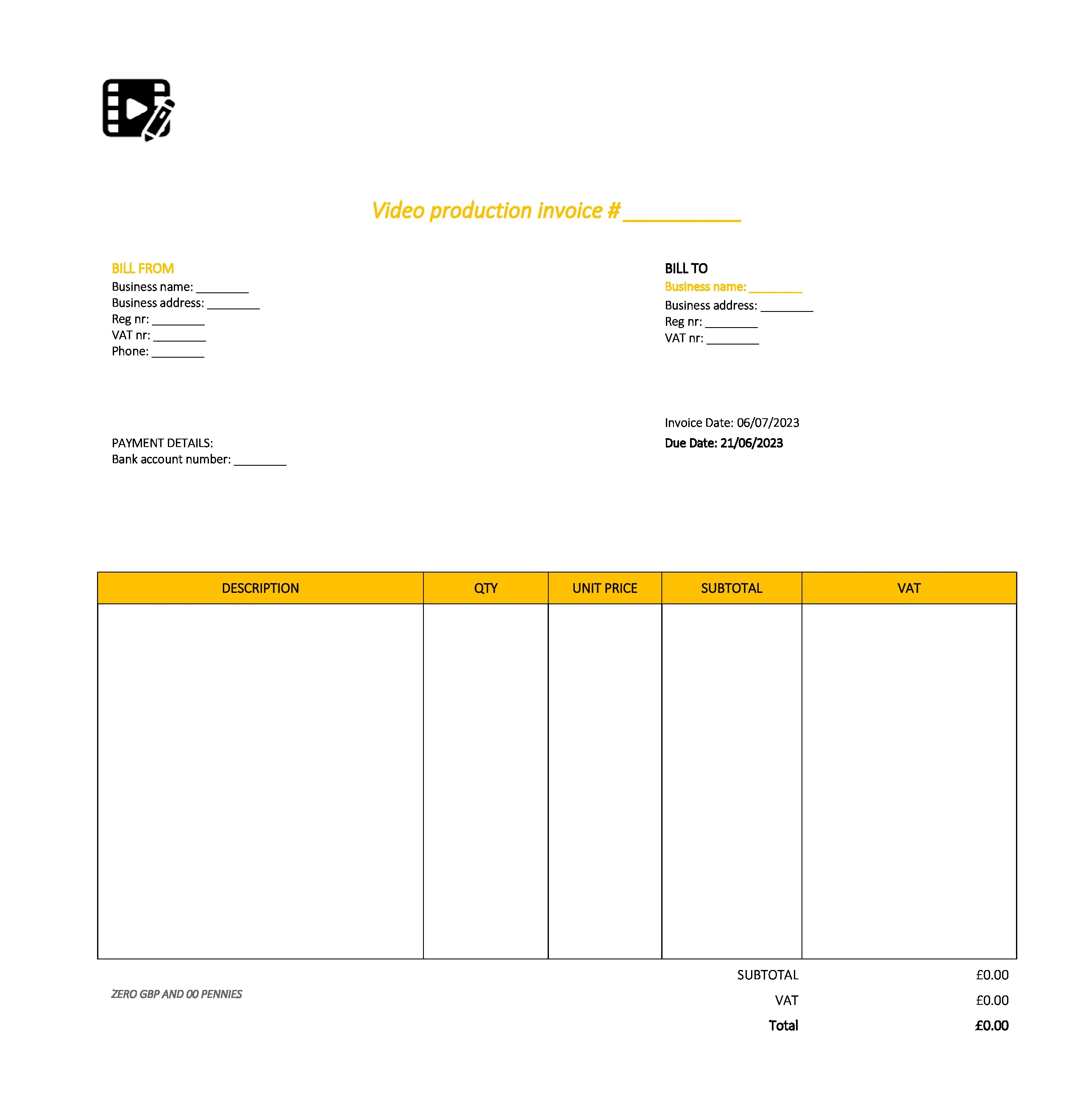 draft video production invoice template UK Excel / Google sheets