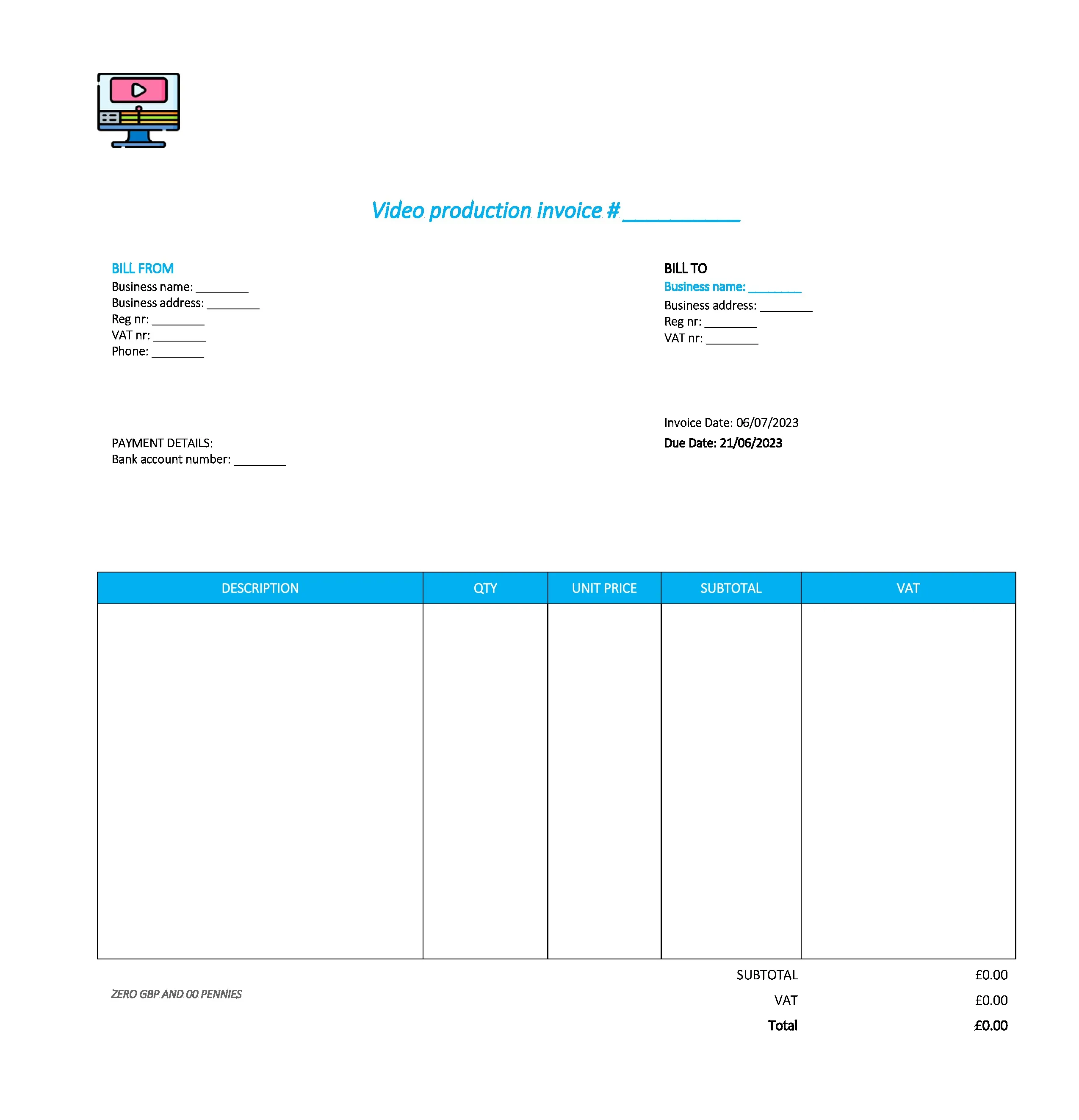 good video production invoice template UK Excel / Google sheets