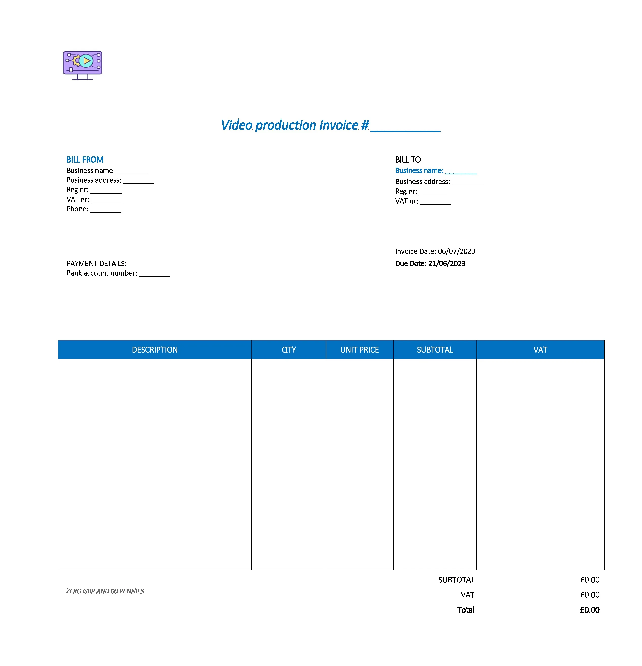 typical video production invoice template UK Excel / Google sheets