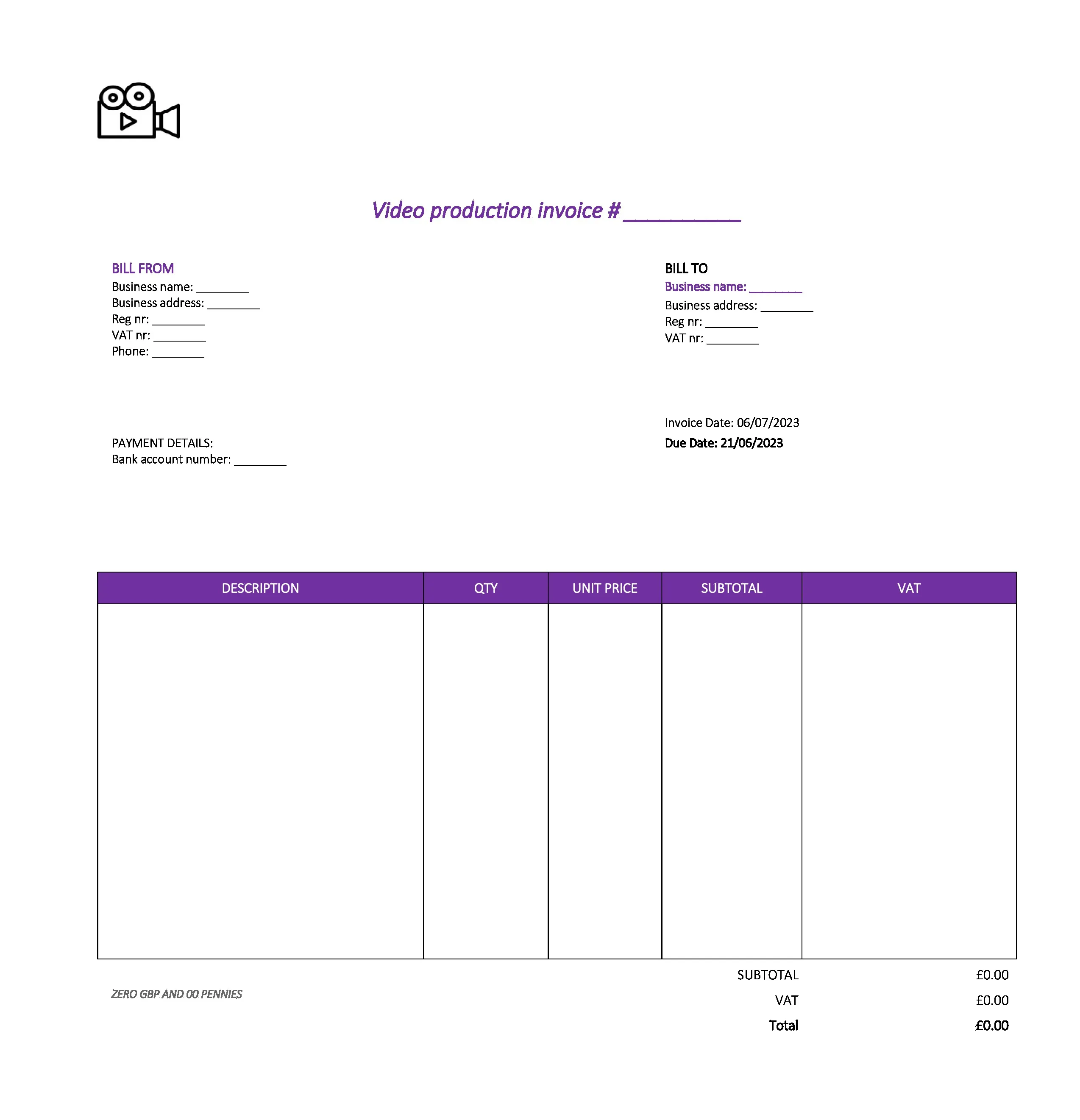pretty video production invoice template UK Excel / Google sheets