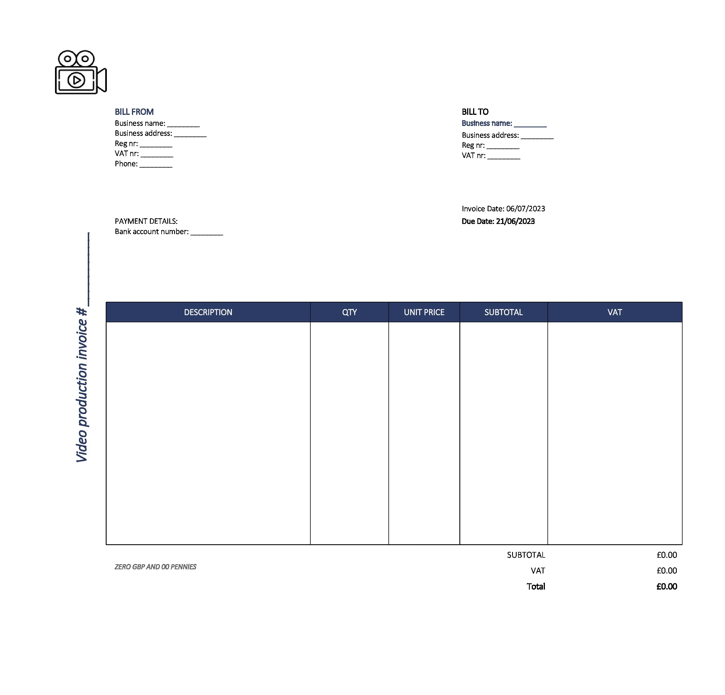 new video production invoice template UK Excel / Google sheets