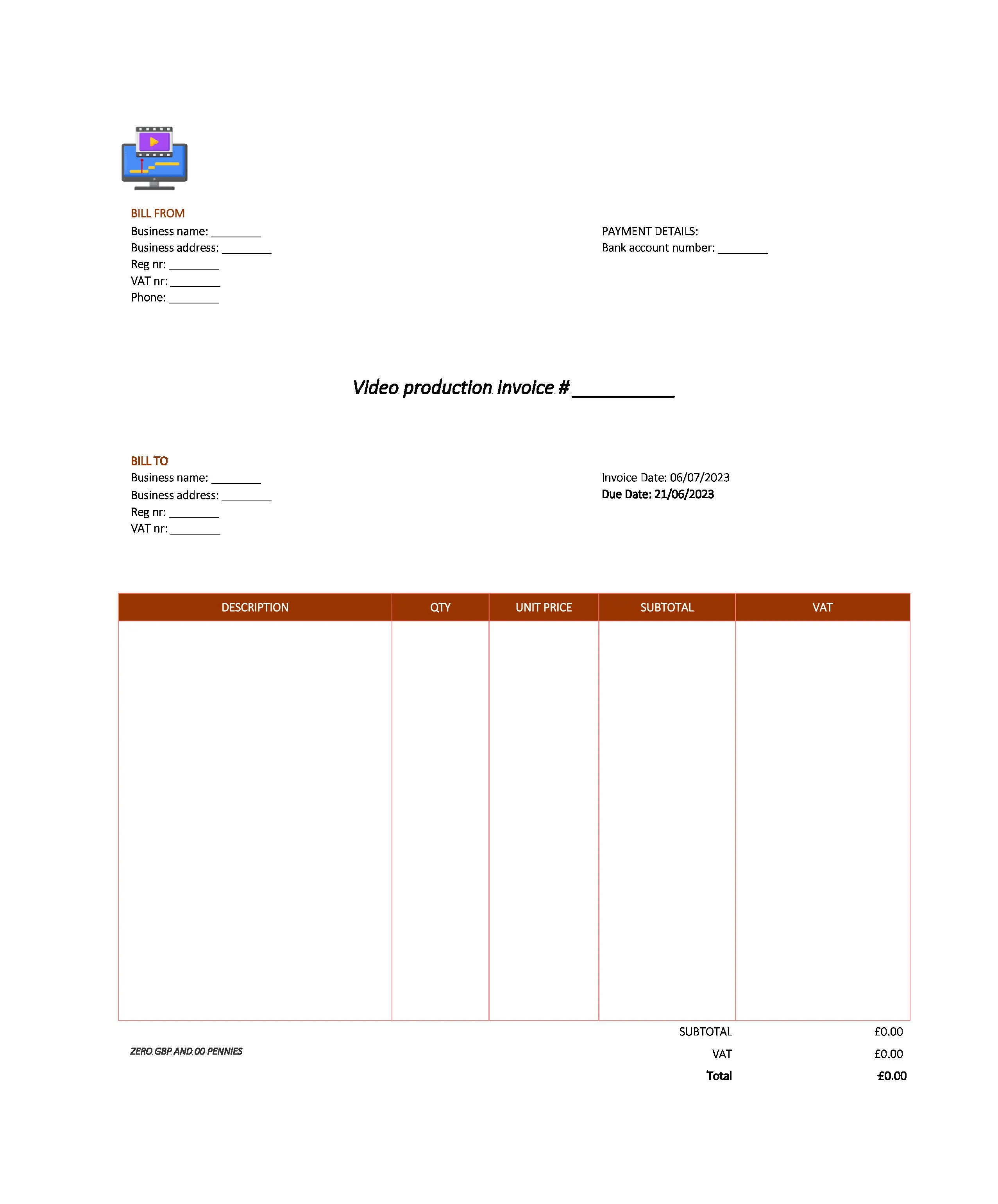 modern video production invoice template UK Excel / Google sheets
