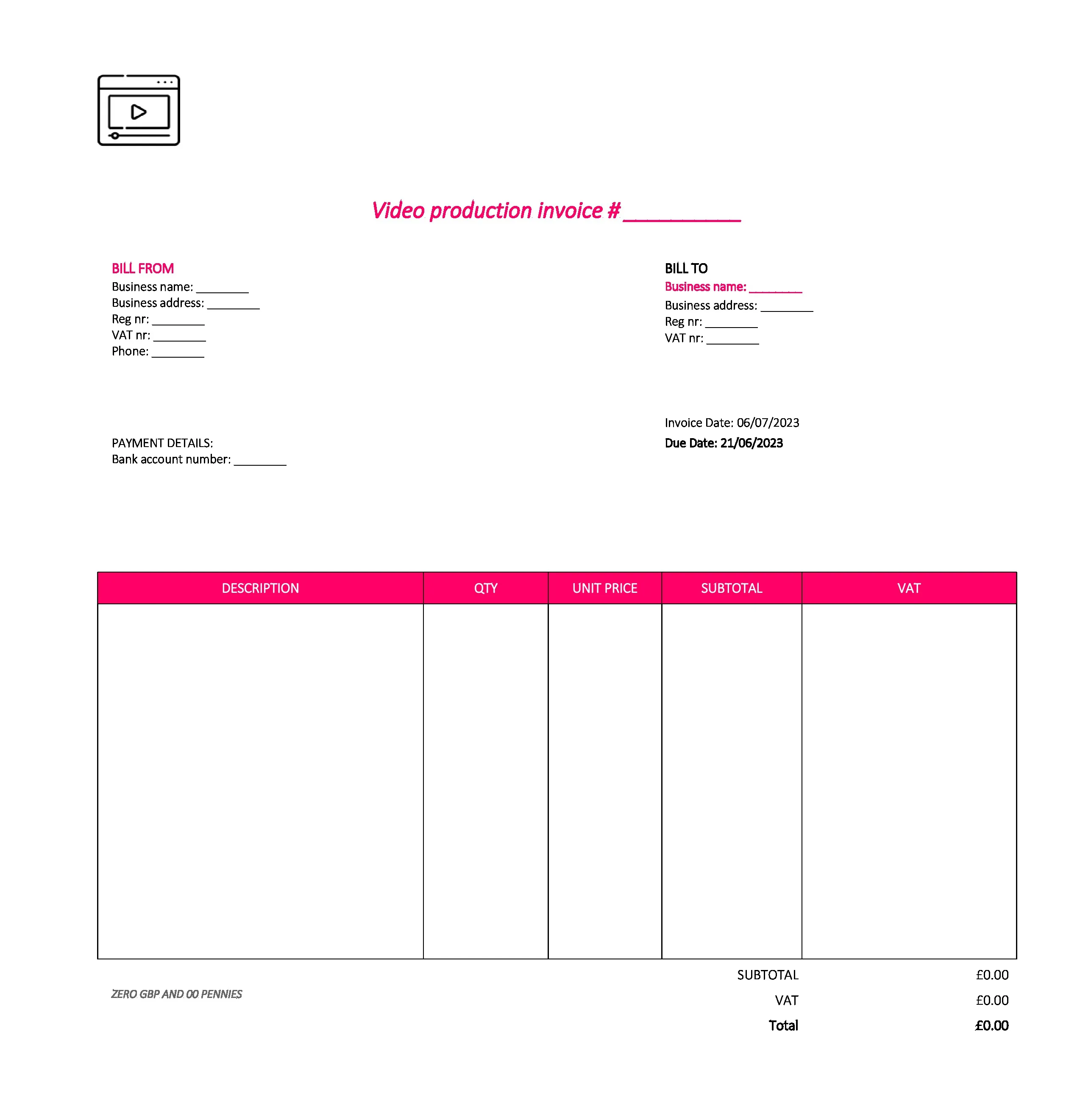 nice video production invoice template UK Excel / Google sheets