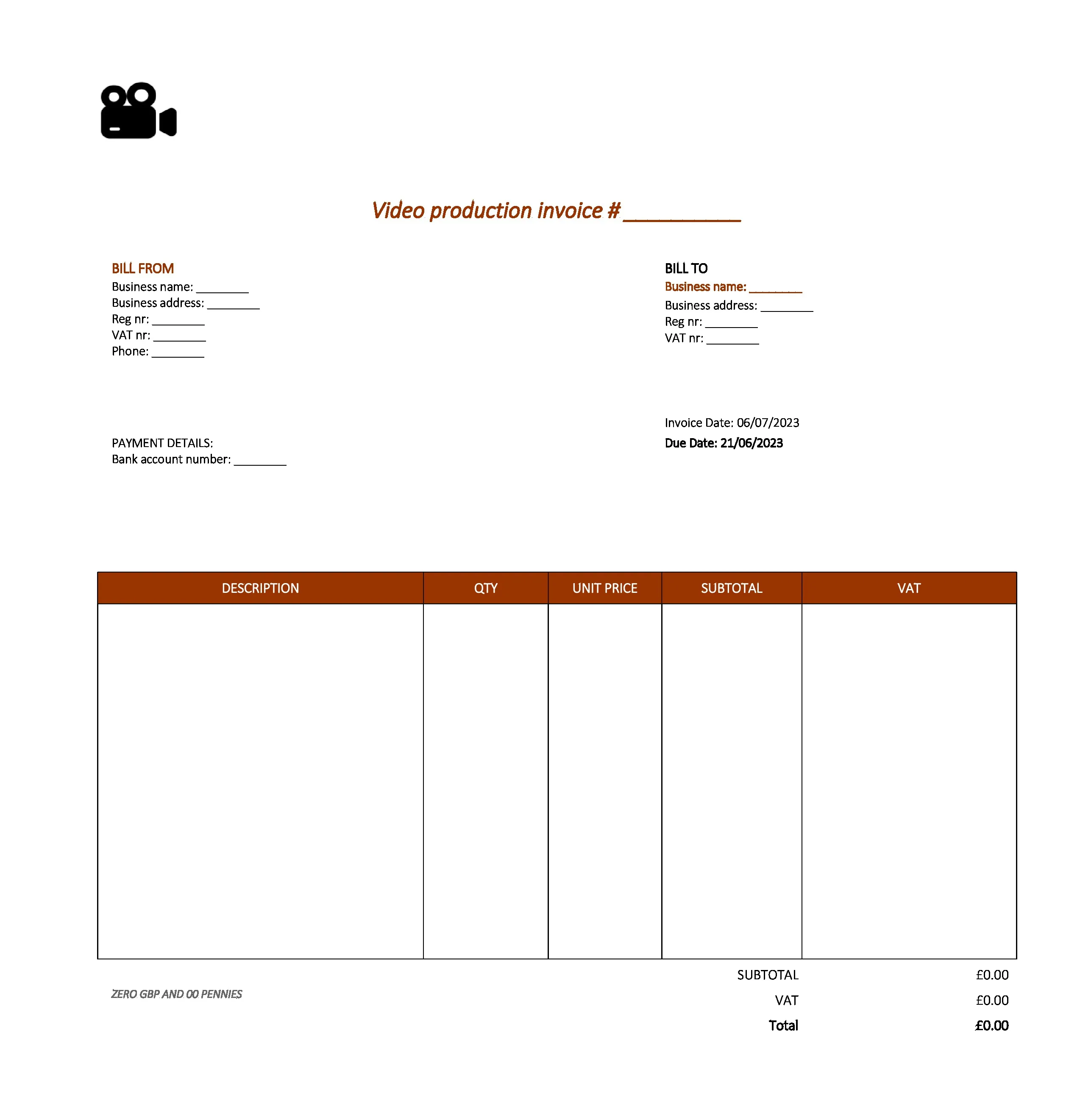 elegant video production invoice template UK Excel / Google sheets