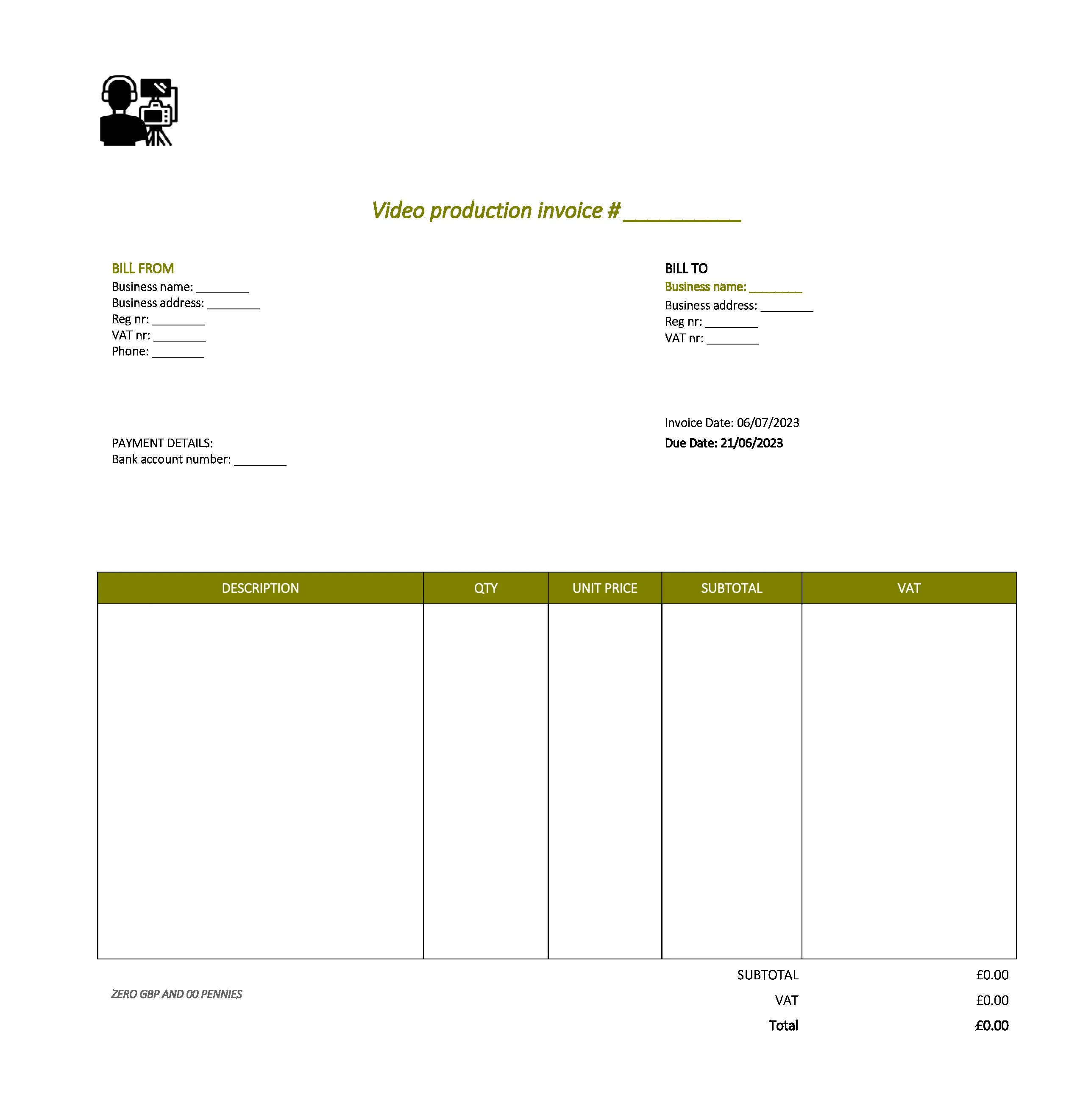 minimalist video production invoice template UK Excel / Google sheets