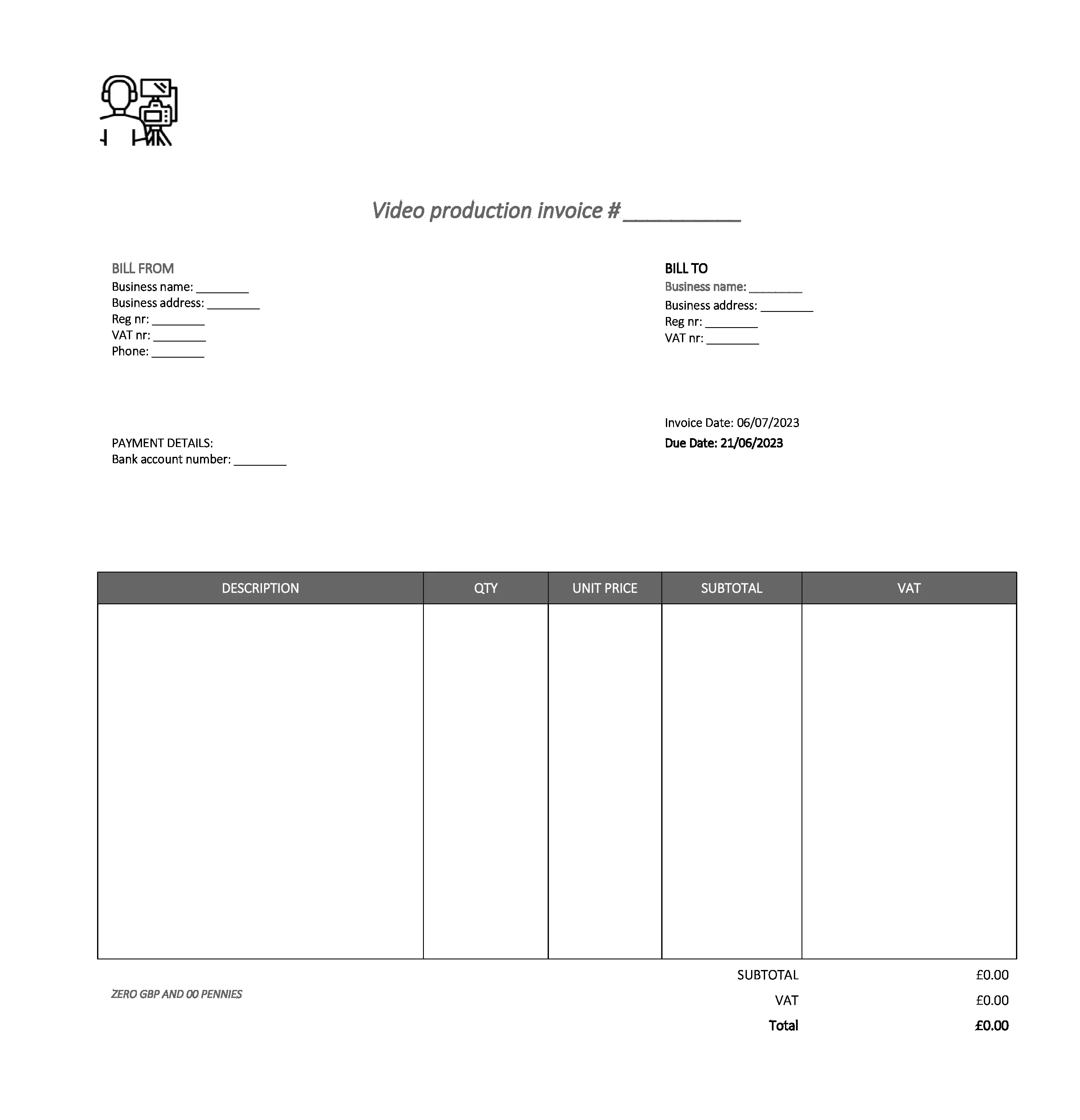 fancy video production invoice template UK Excel / Google sheets
