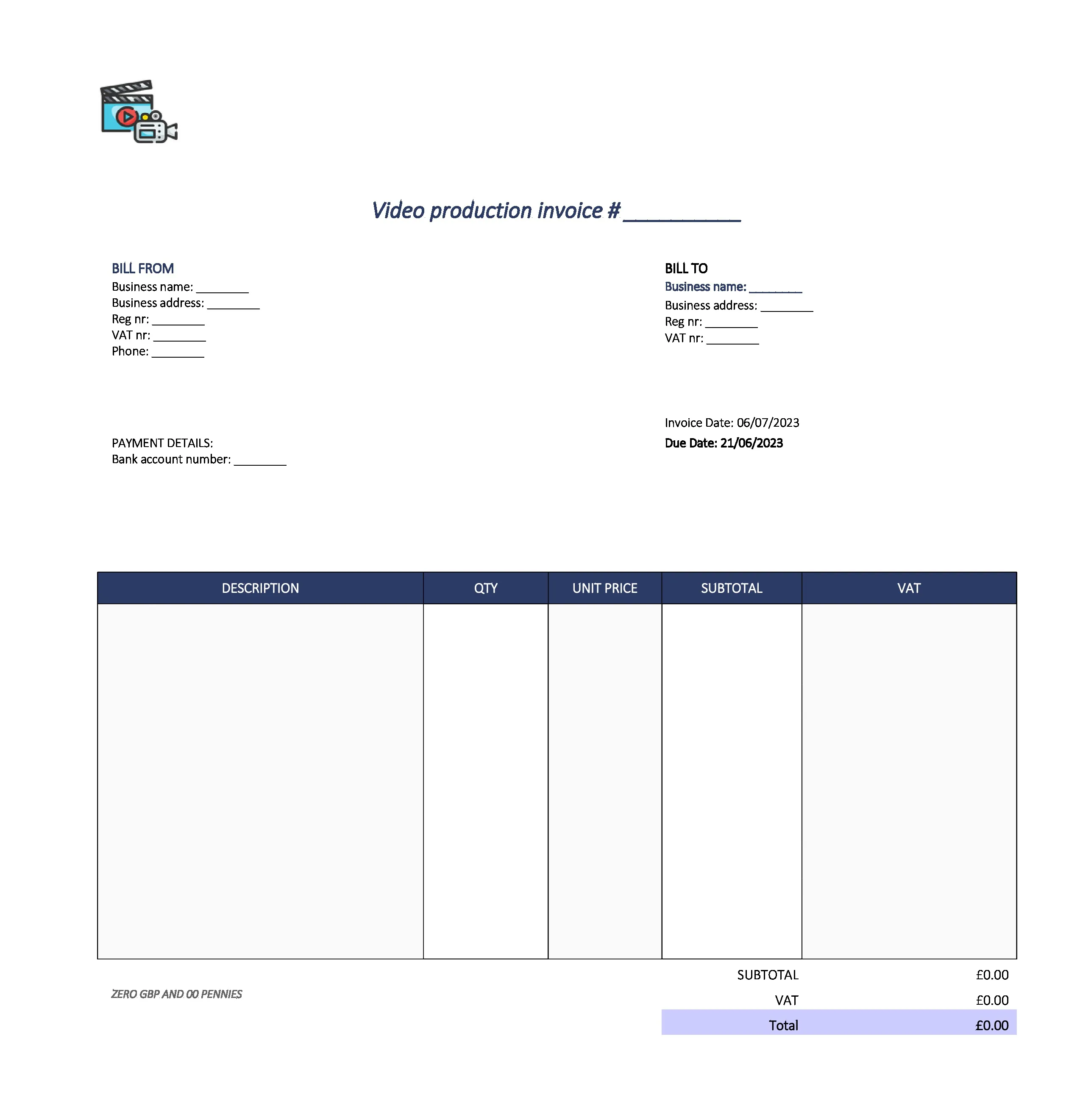 cute video production invoice template UK Excel / Google sheets