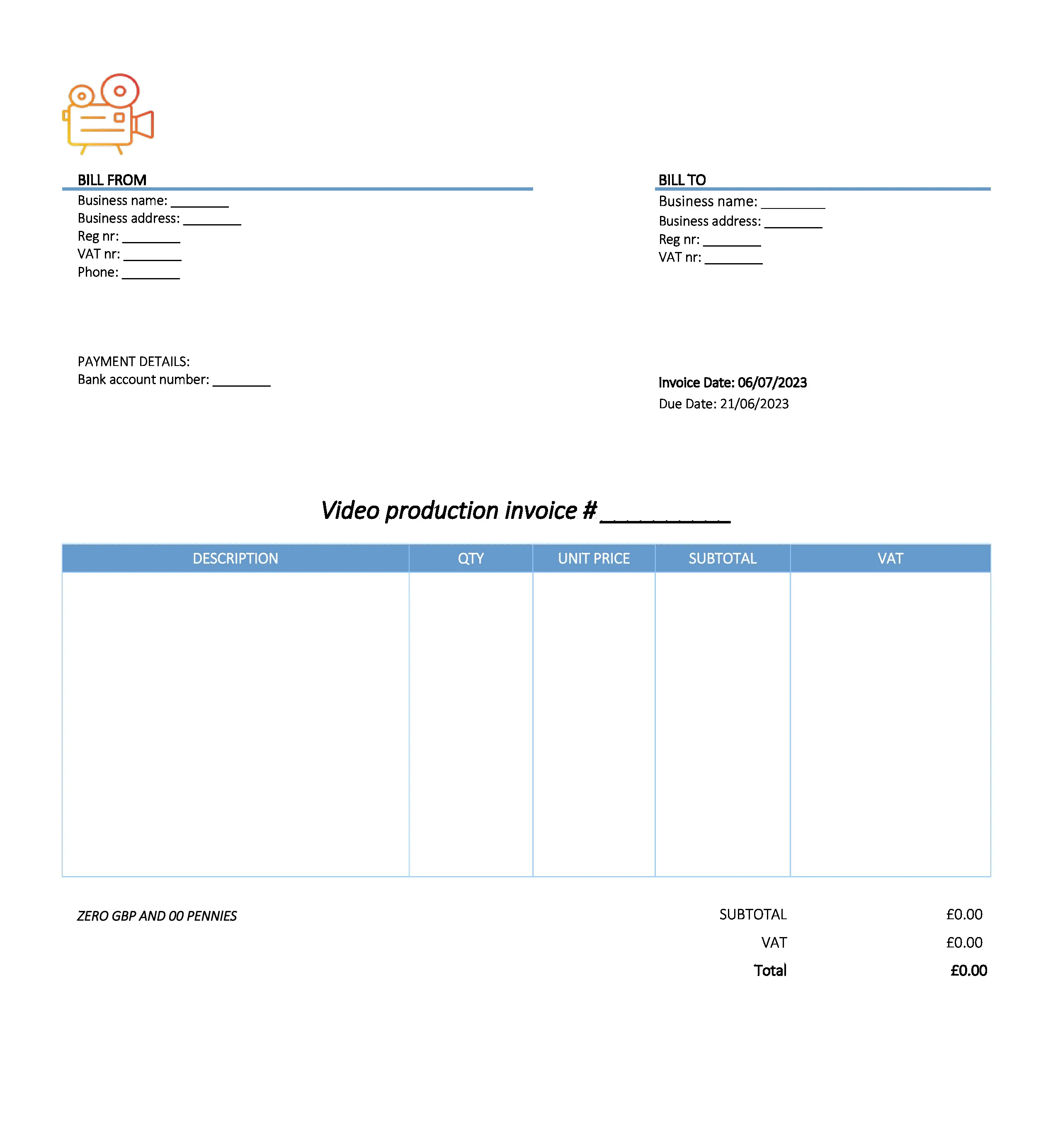 with bank details video production invoice template UK Excel / Google sheets