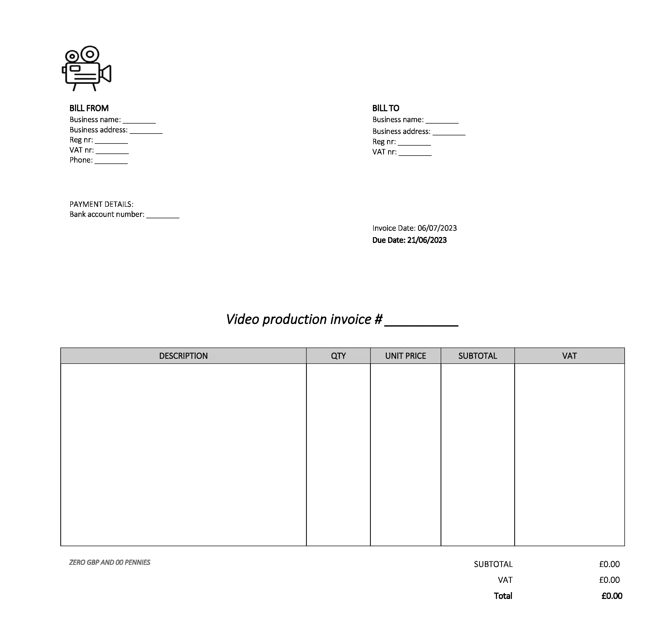 empty video production invoice template UK Excel / Google sheets