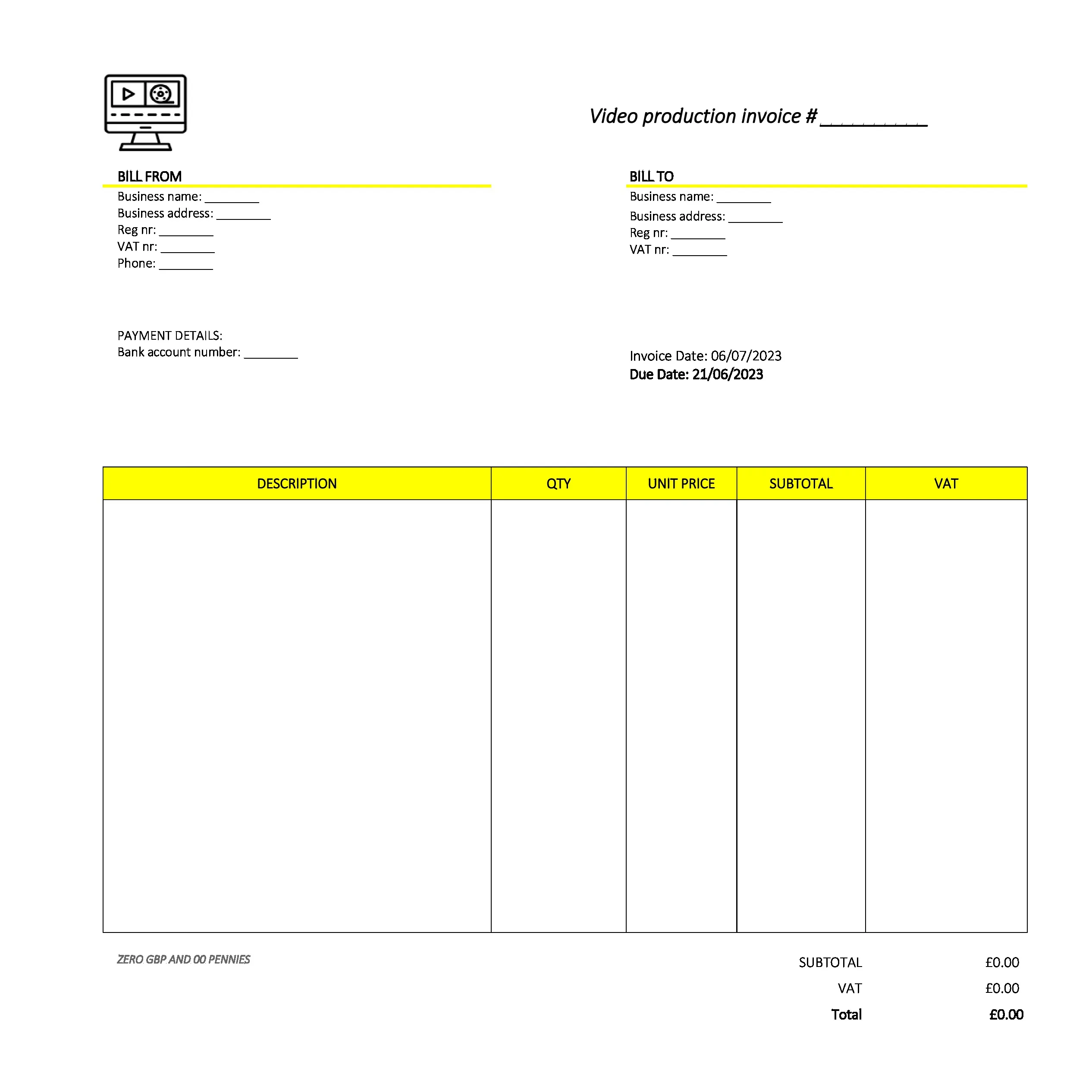 formal video production invoice template UK Excel / Google sheets