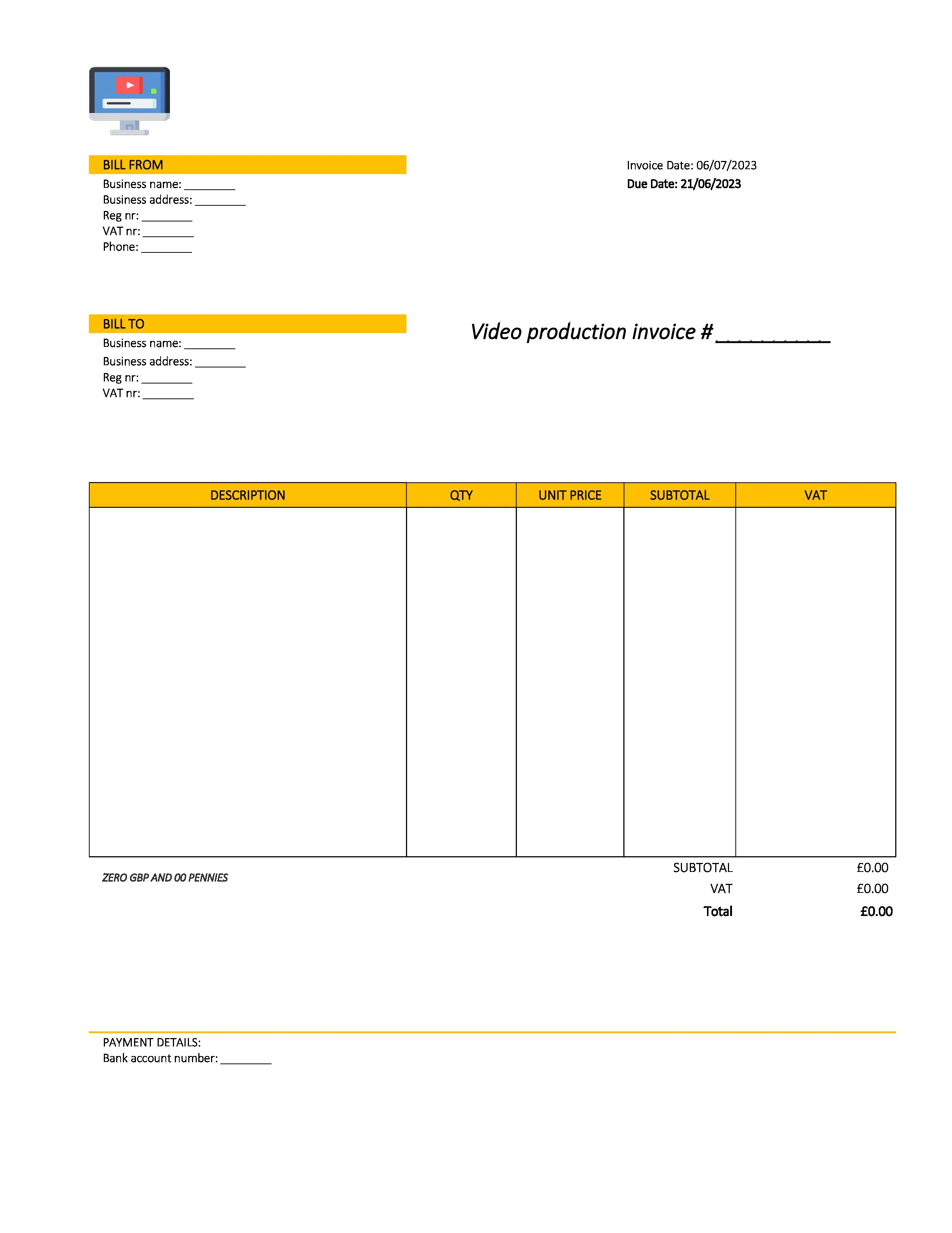 creative video production invoice template UK Excel / Google sheets