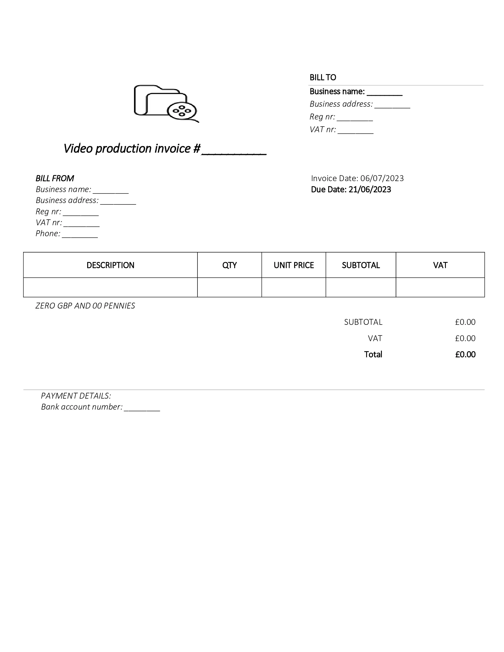 downloadable video production invoice template UK Word / Google docs