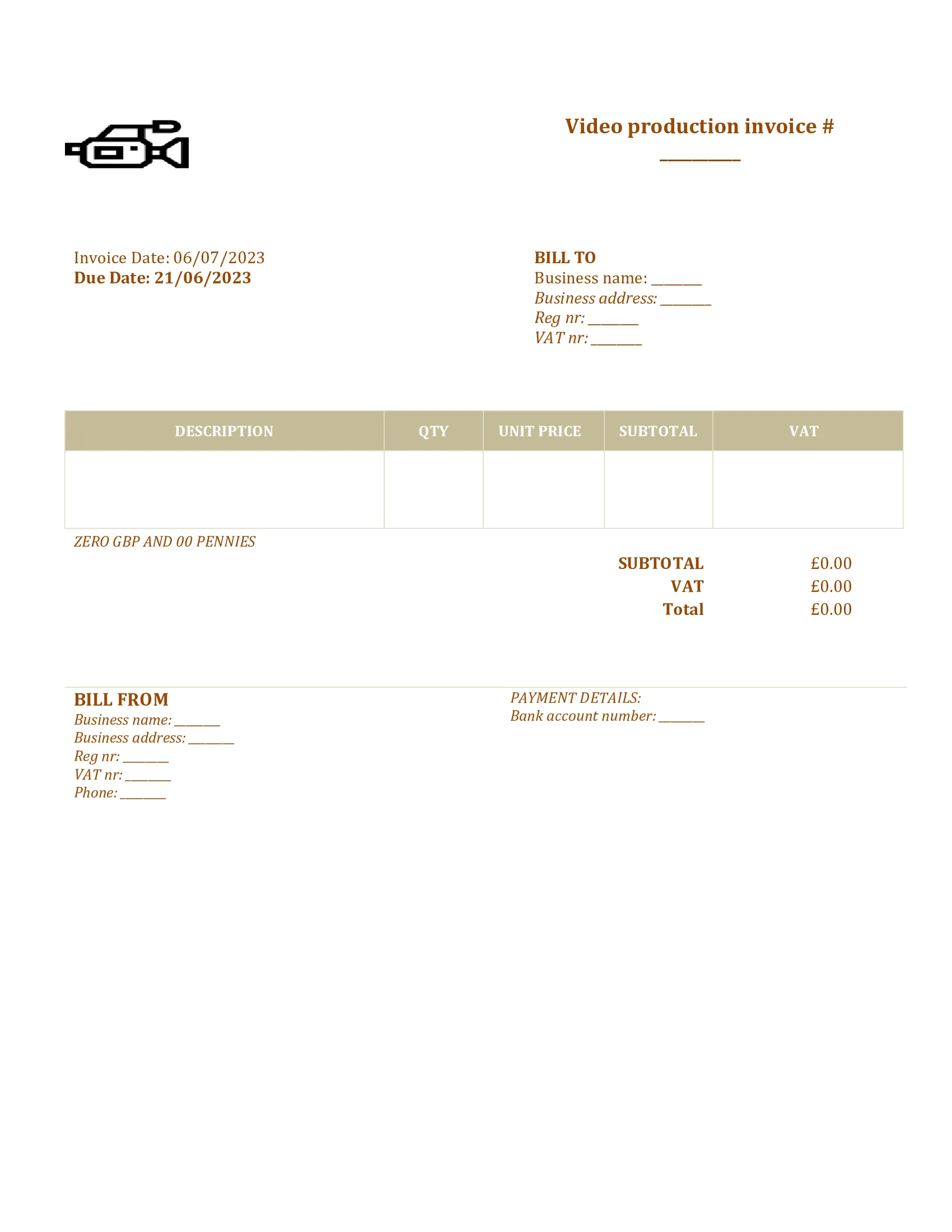 printable video production invoice template UK Word / Google docs